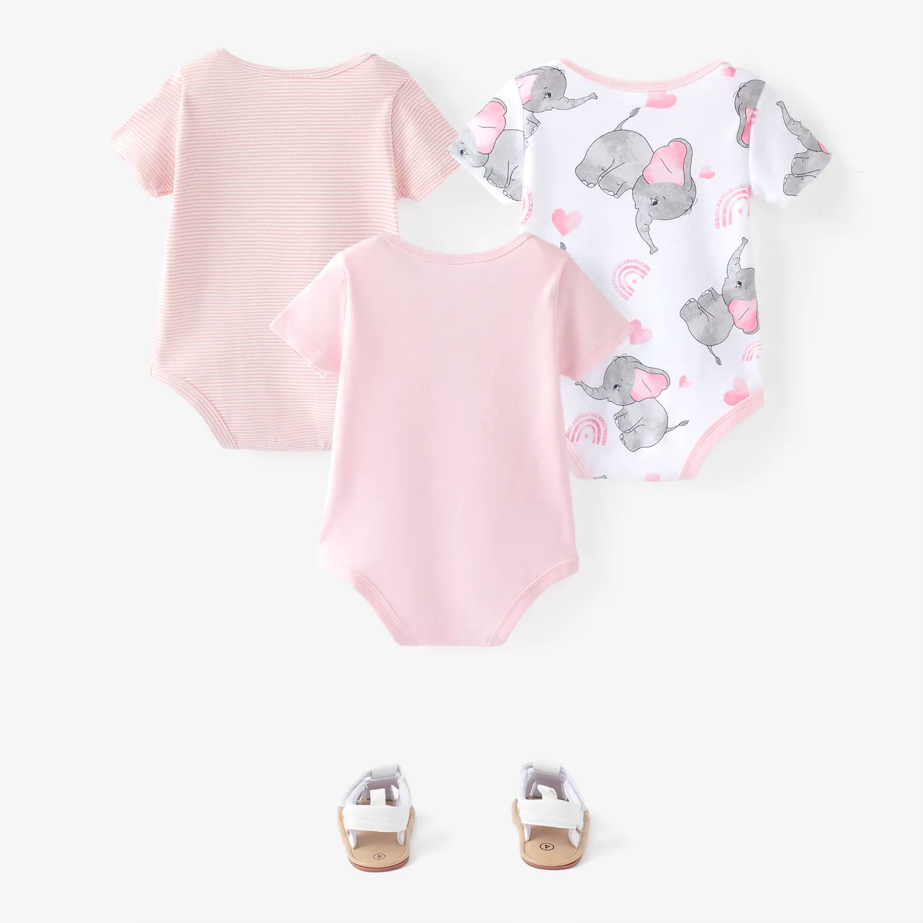 3 件裝女嬰/男嬰大像印花/純色短袖連身衣 粉色 big image 1
