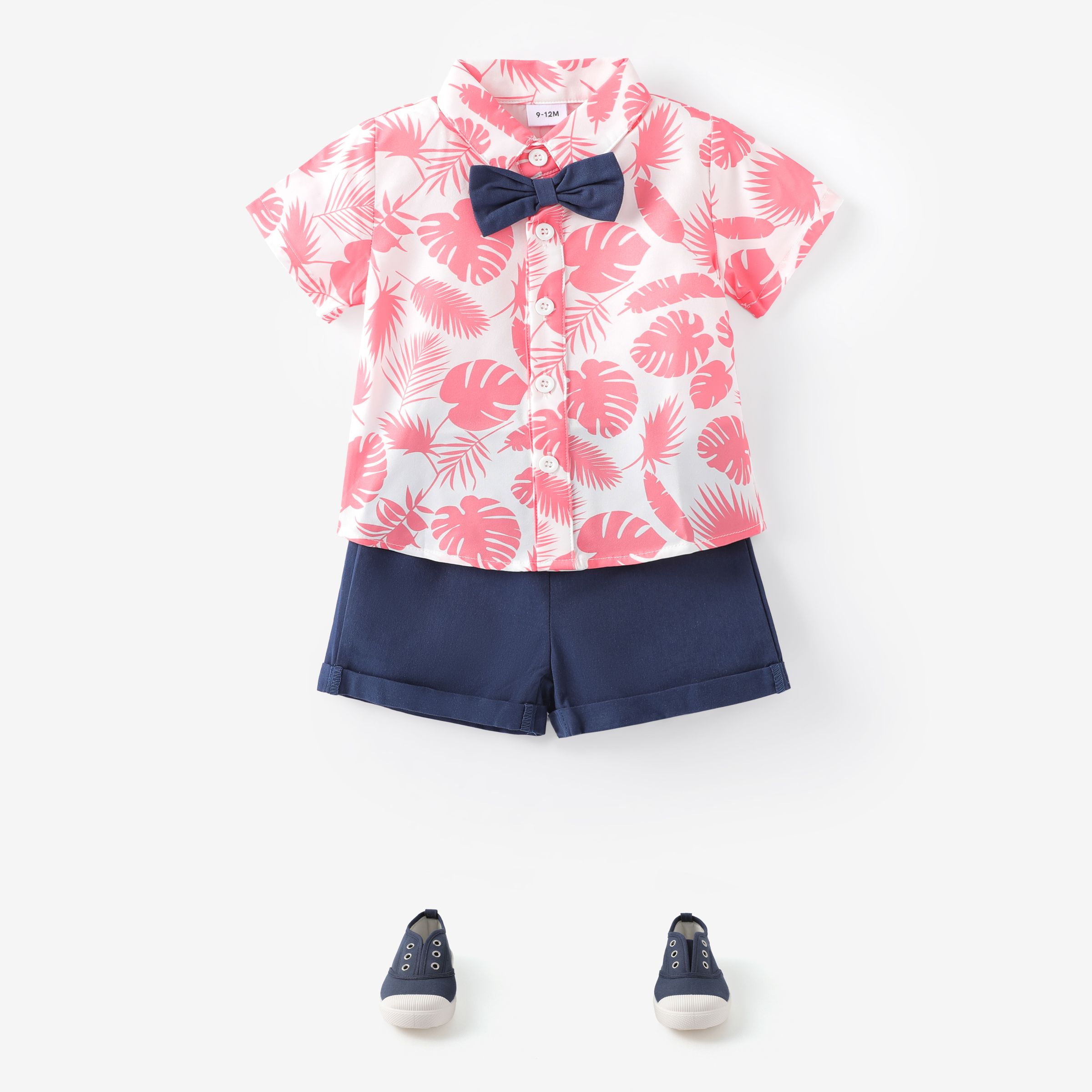 2pcs Baby Boy Allover Pink Leaf Print Short-sleeve Bow Tie Shirt And Solid Shorts Set
