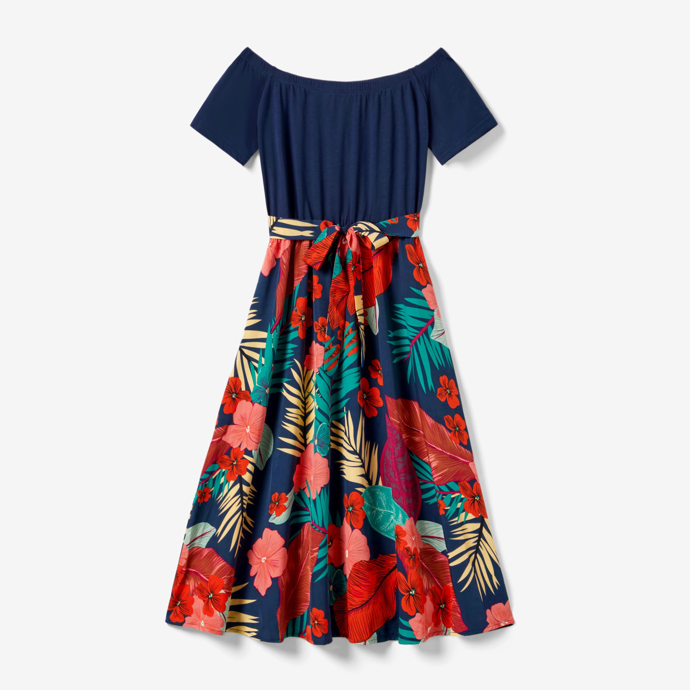 Family Matching Colorblock T-shirt And Floral Off-Shoulder Dress Sets