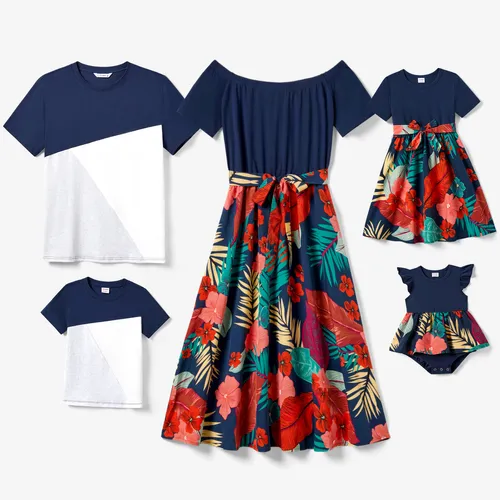 Family Matching Colorblock T-shirt and Floral Off-Shoulder Dress Sets