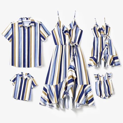 Family Matching Vertical Stripe Shirt and Overlap Flutter Trim Bow Decor Ruffle Hem Dress Sets