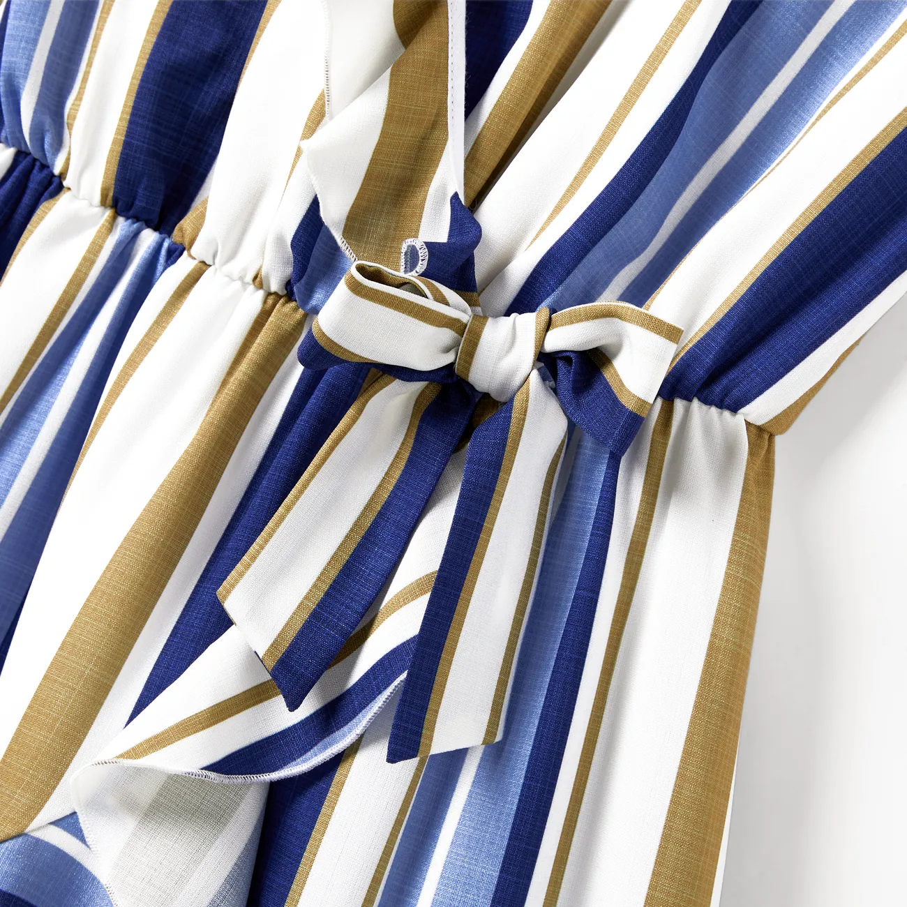 Family Matching Vertical Stripe Shirt and Overlap Flutter Trim Bow Decor Ruffle Hem Dress Sets MultiColour big image 1