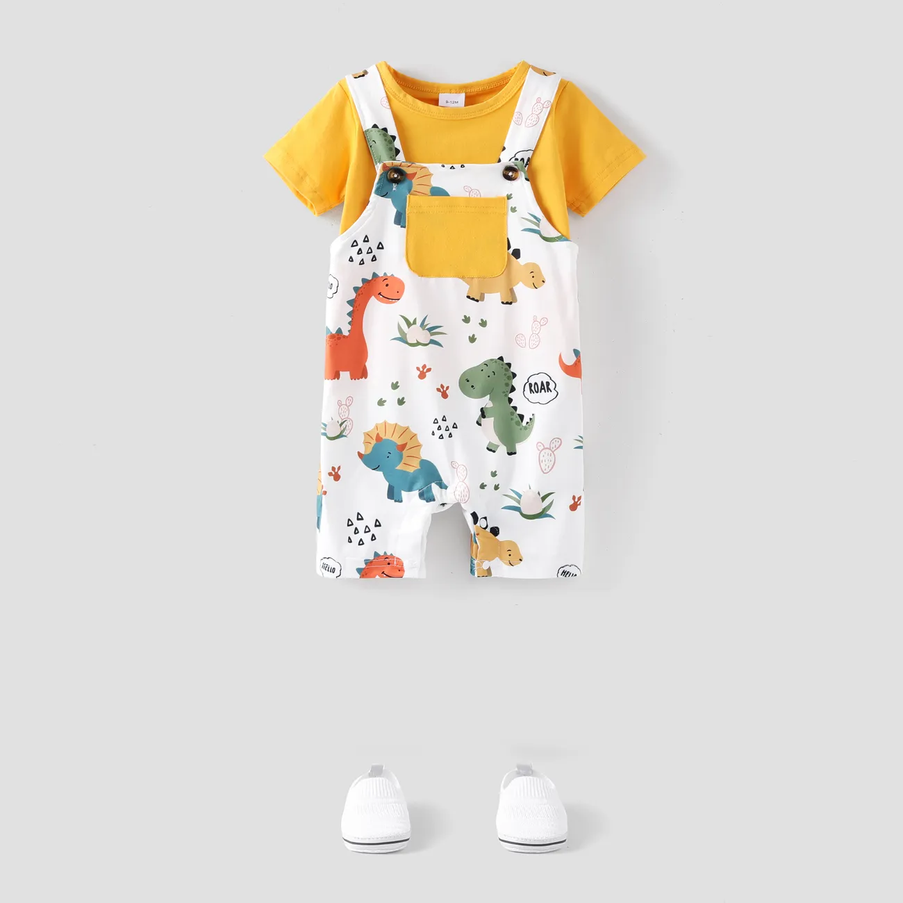 2pcs Baby Boy Short-sleeve Solid Tee and Allover Dinosaur Print Overall Romper Set Yellow big image 1