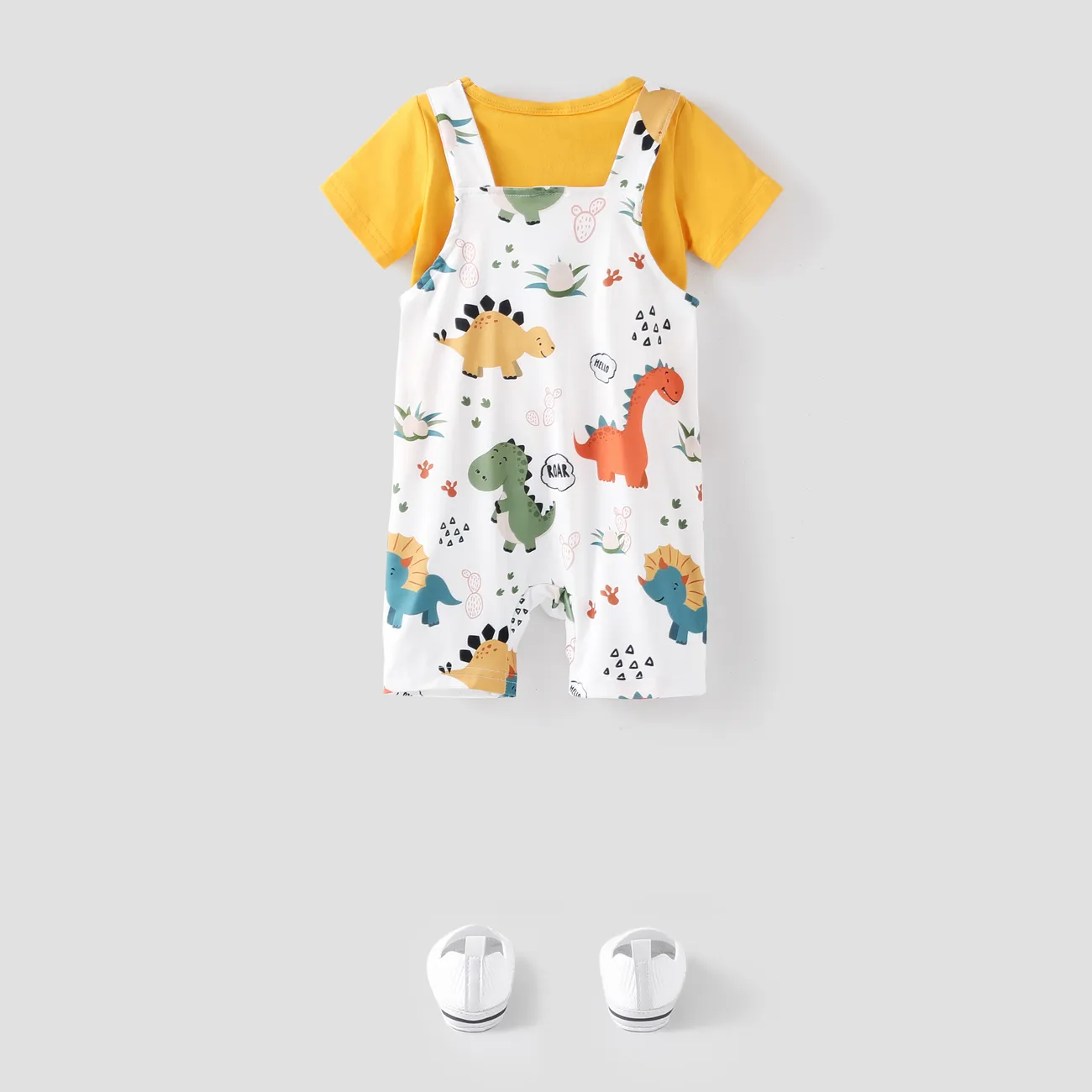 2pcs Baby Boy Short-sleeve Solid Tee and Allover Dinosaur Print Overall Romper Set Yellow big image 1