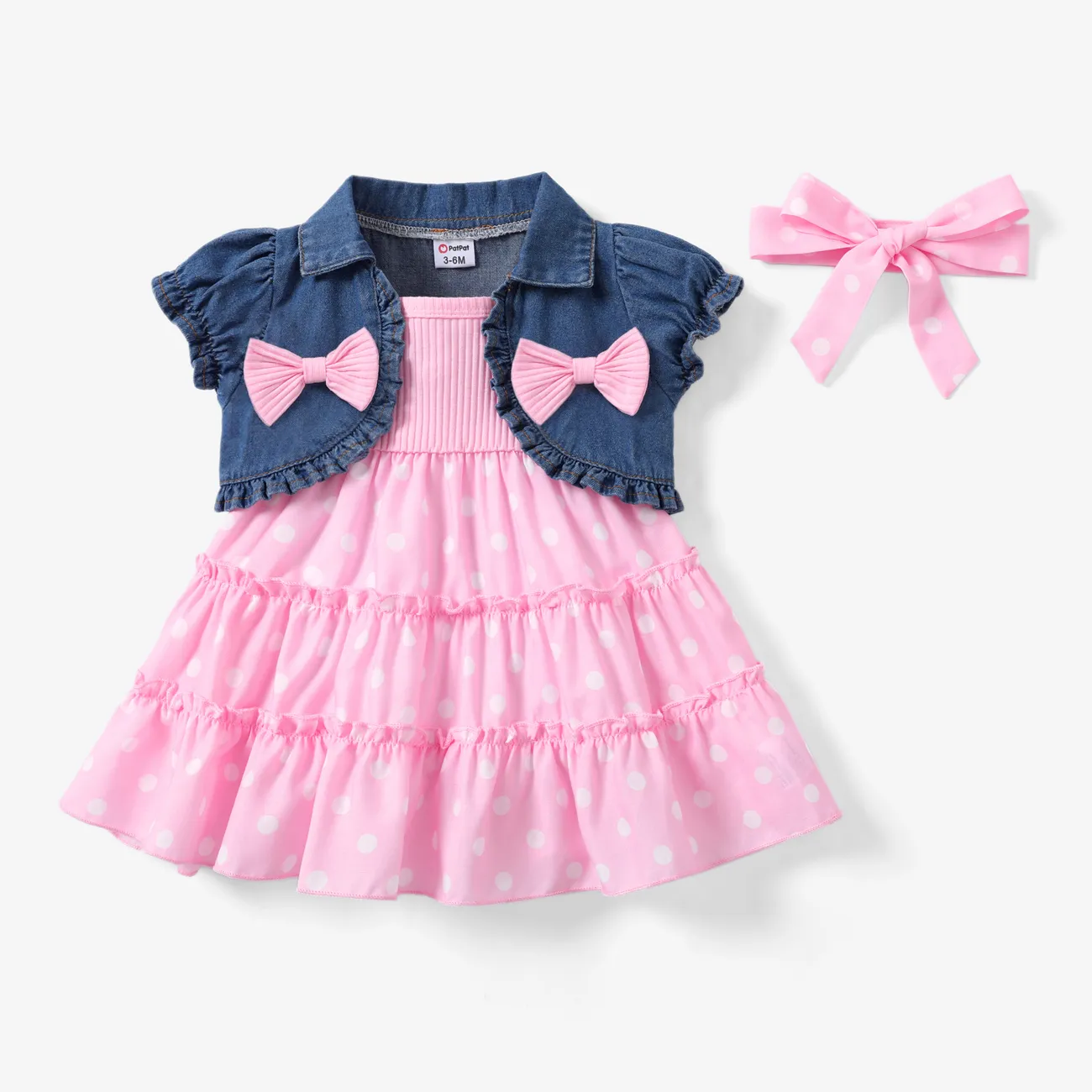 3pcs Baby Girl Sweet Denim Cardigan and Polka Dot Dress Set with Headband Pink big image 1
