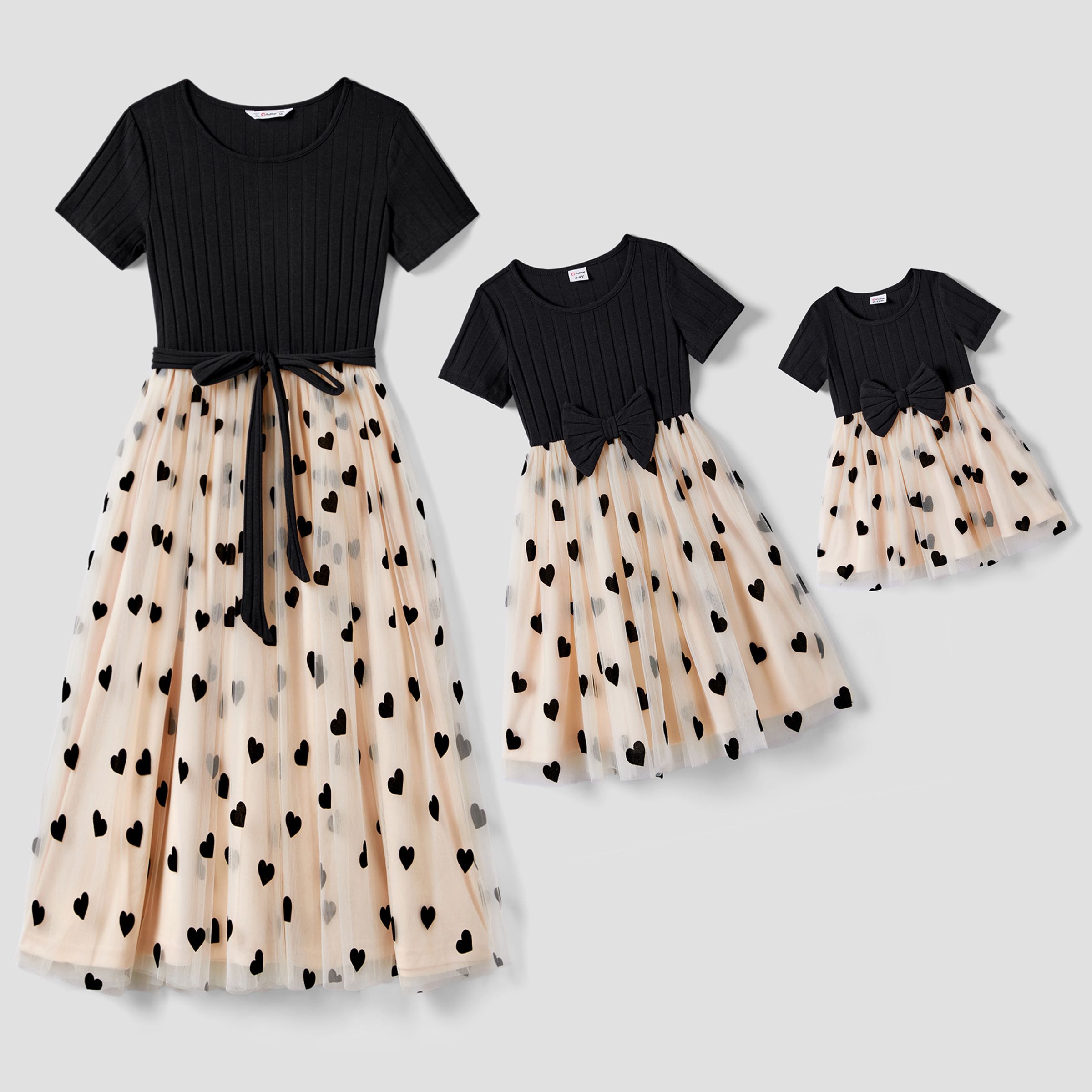 Mommy And Me Black Top Spliced Heart Pattern Mesh Dresses