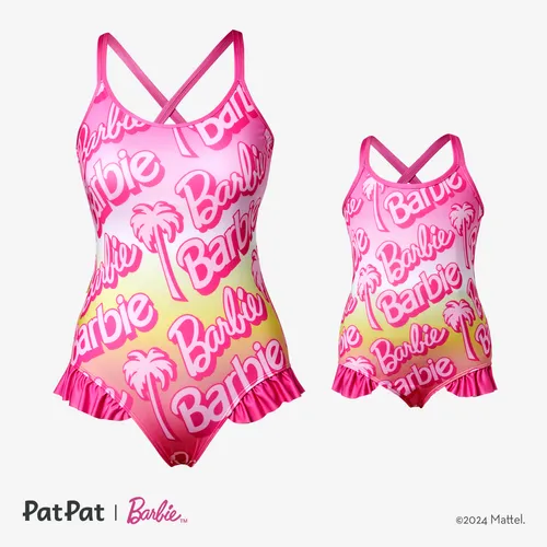 Barbie Mommy and Me Big Letter Logo Gradient Beach Ruffles Alça Swimsuit One-Piece