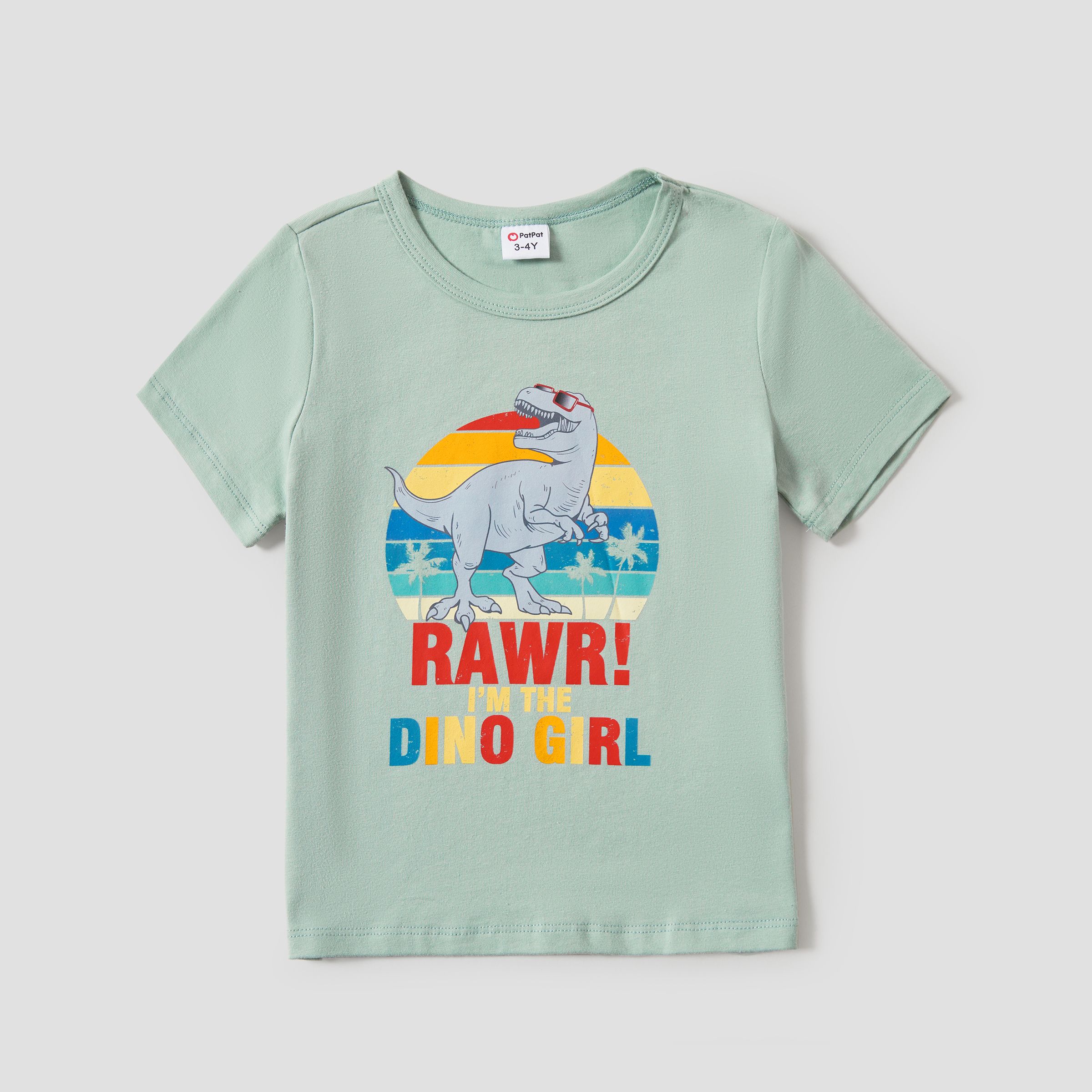 Family Matching Solid Color Dinosaur And Letter Printed Cotton Tee