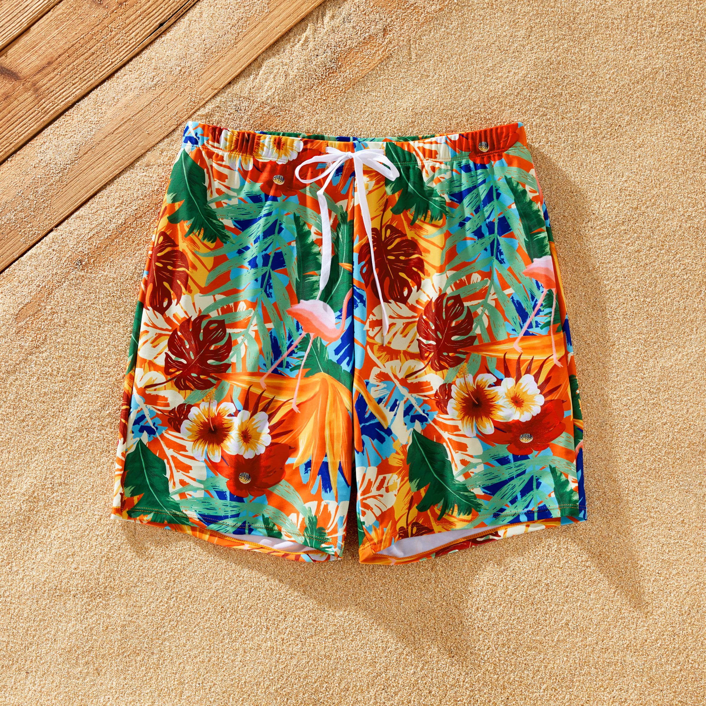 Family Matching Floral Drawstring Swim Trunks Or Ruched Drawstring Side Cross Back Strap Swimsuit