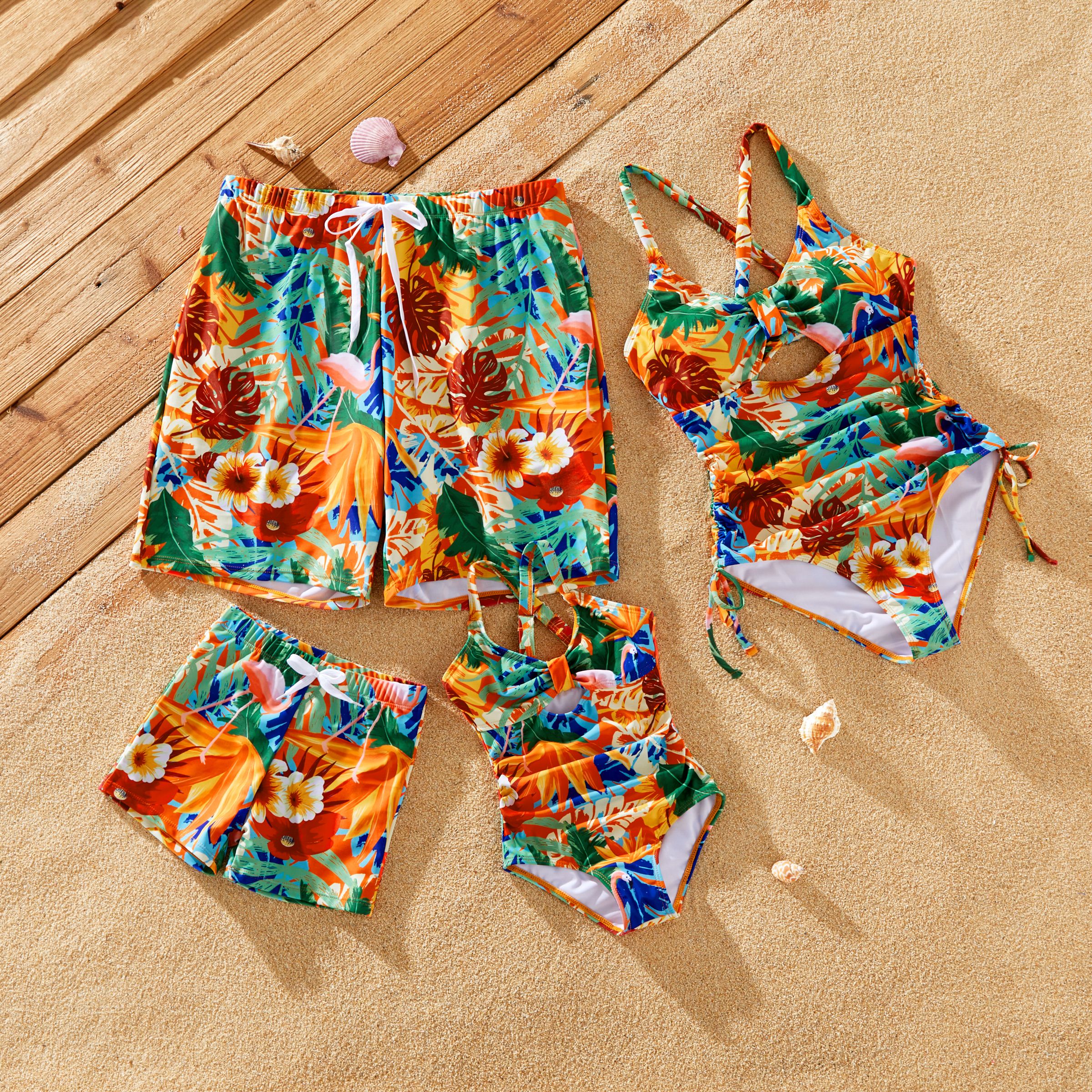 Family Matching Floral Drawstring Swim Trunks Or Ruched Drawstring Side Cross Back Strap Swimsuit