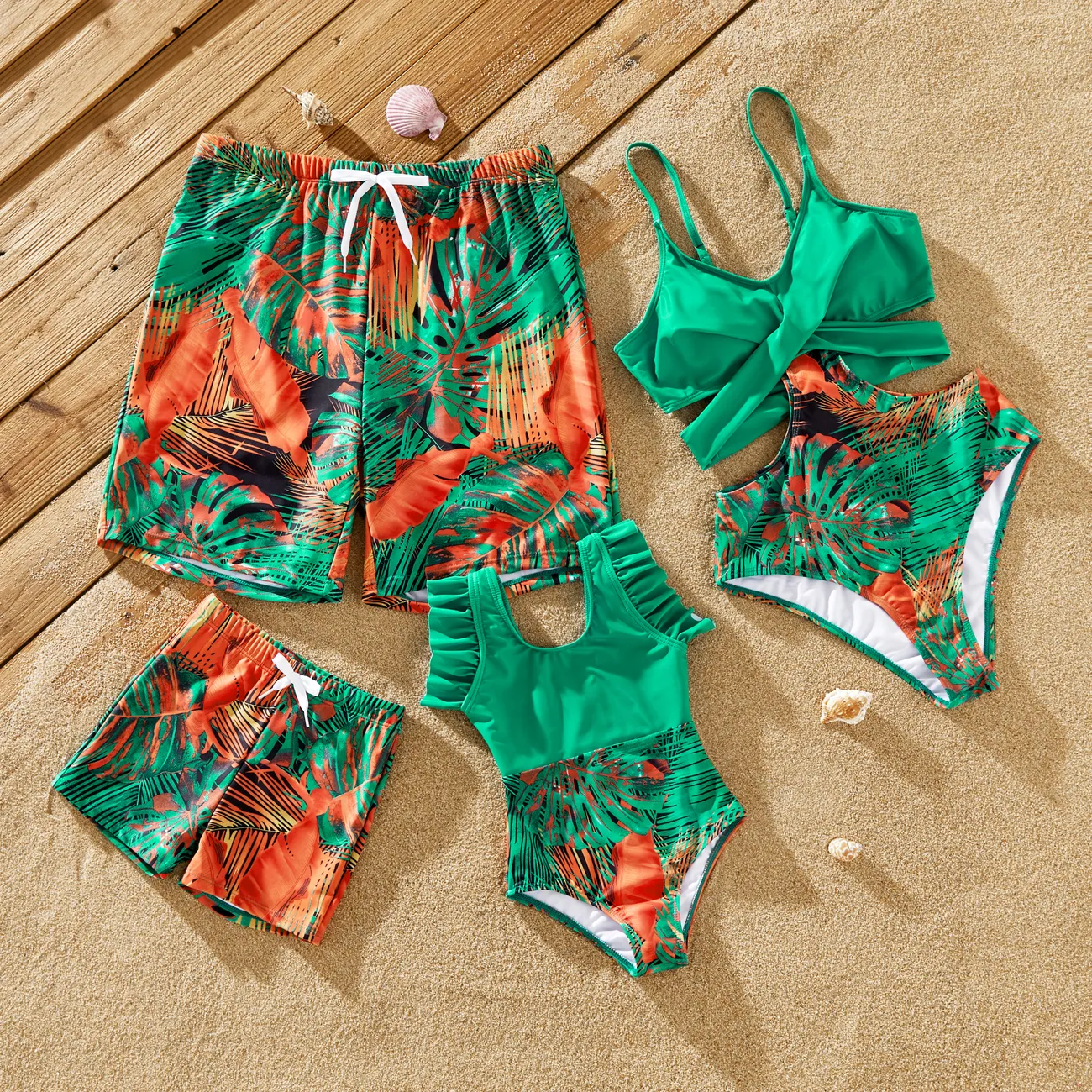 Family Matching Tropical Leaf Printed One-Piece Swimwear or Drawstring Swim Trunks Green big image 1