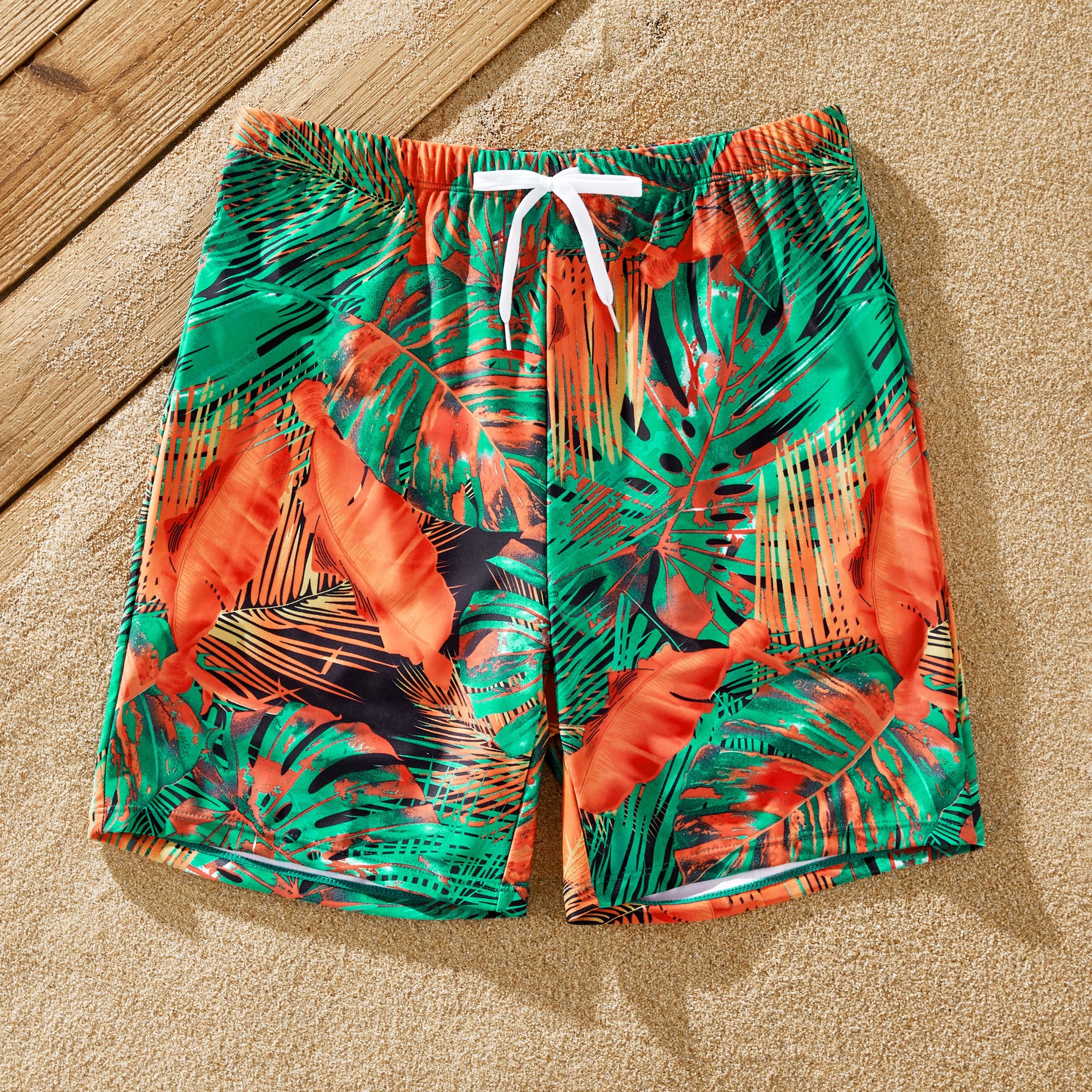Family Matching Tropical Leaf Printed One-Piece Swimwear Or Drawstring Swim Trunks