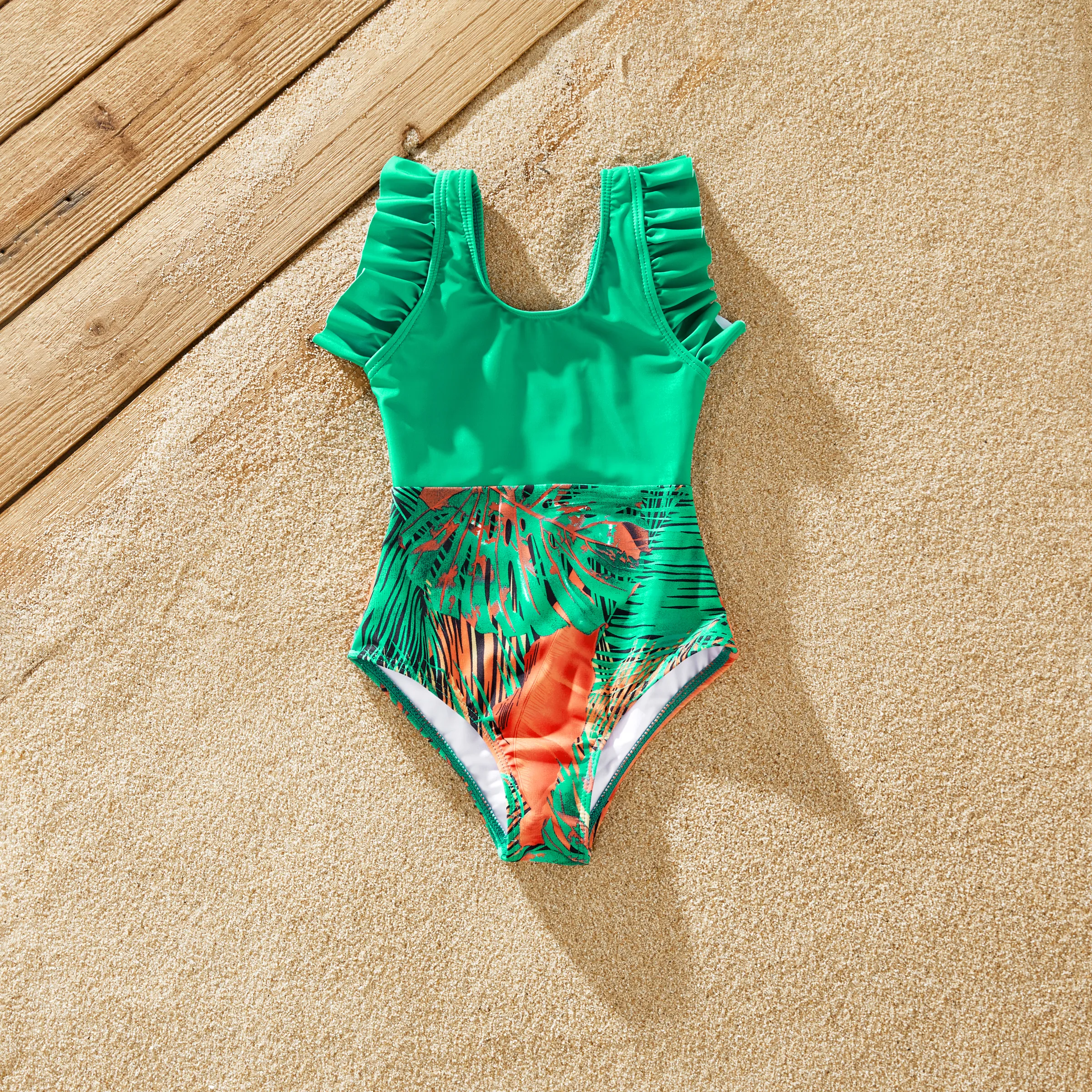 Family Matching Tropical Leaf Printed One-Piece Swimwear or Drawstring Swim Trunks