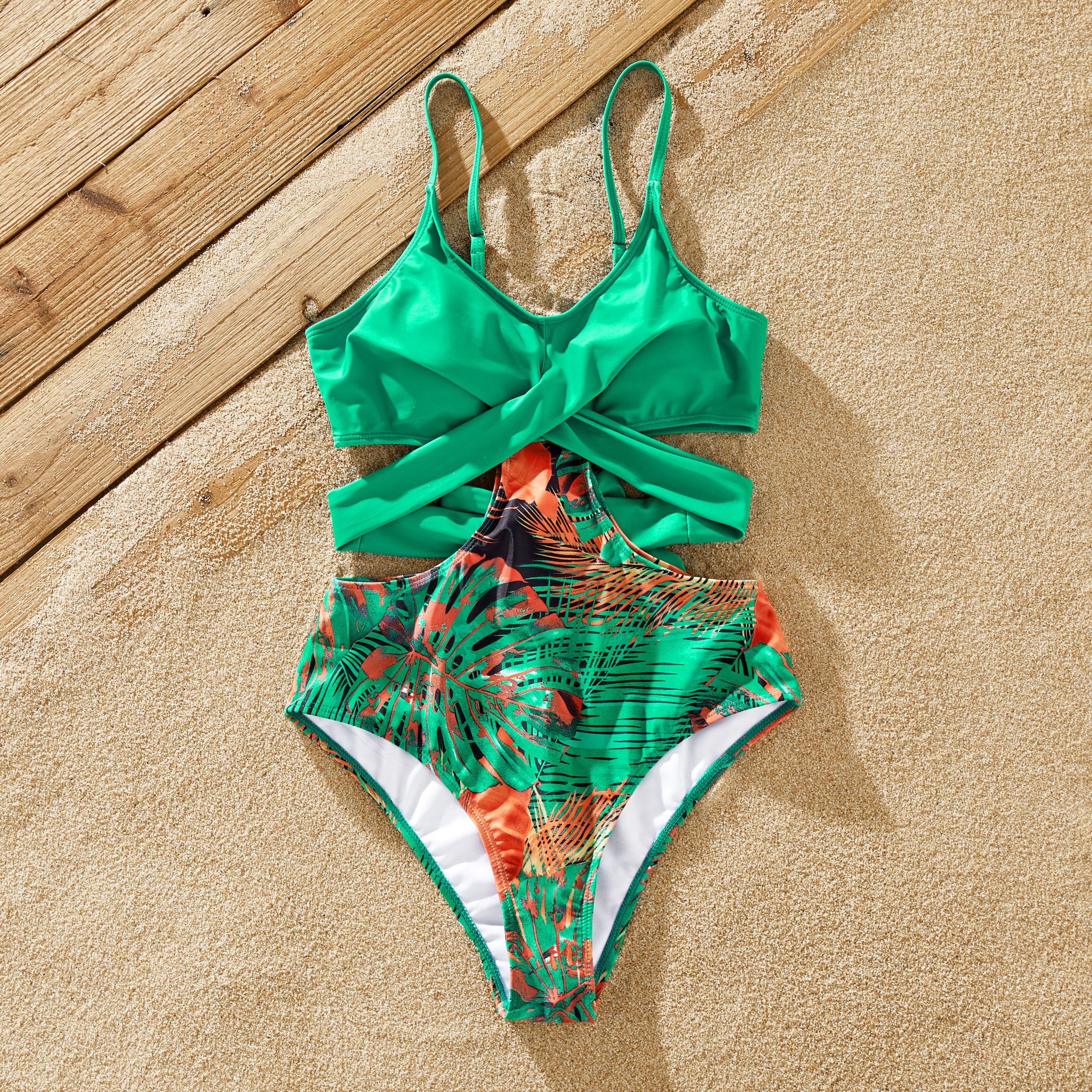 Family Matching Tropical Leaf Printed One-Piece Swimwear Or Drawstring Swim Trunks
