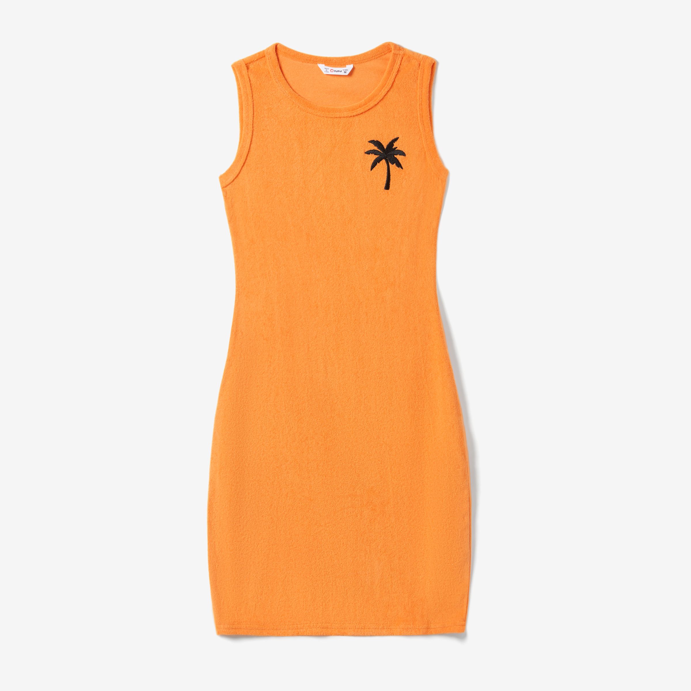 Family Matching Orange Terry Tank Top And Bodycon Tank Dress Sets