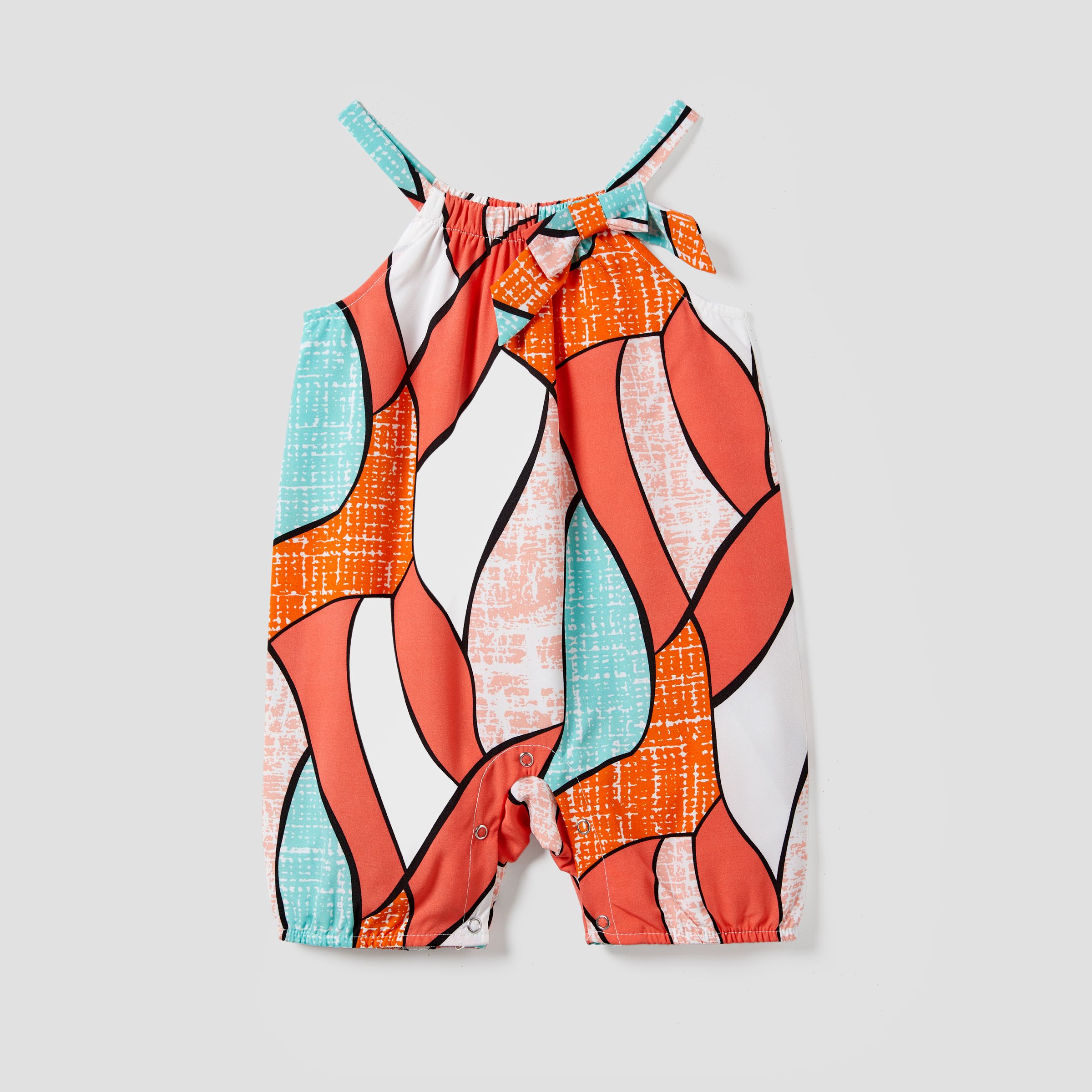 Mommy And Me Geometrical Pattern Belted Strap Romper