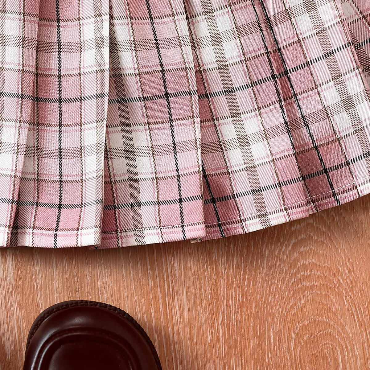 Toddler Girl Pleated Grid/Houndstooth School Skirt Dress  Pink big image 1