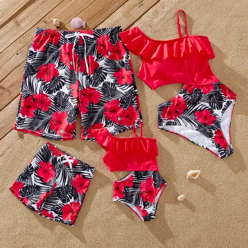 Family Matching Drawstring Swim Trunks or Red Floral Cut Out Ruffle One-Piece Swimsuit