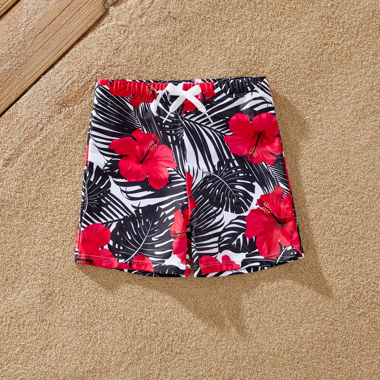 Family Matching Drawstring Swim Trunks or Red Floral Cut Out Ruffle One-Piece Swimsuit Dark -Pink big image 1