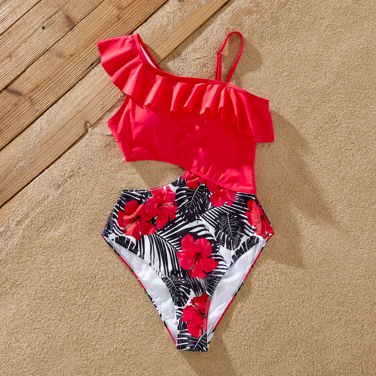 Family Matching Drawstring Swim Trunks or Red Floral Cut Out Ruffle One-Piece Swimsuit Dark -Pink big image 1