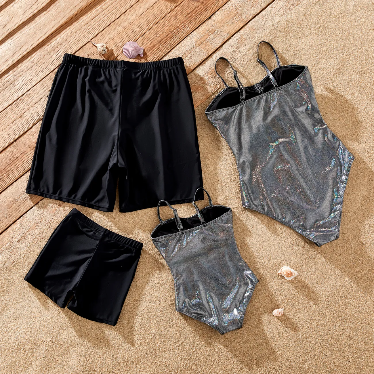Family Matching Drawstring Swim Trunks or Cut Out Metallic Drawstring Front Strap Swimsuit Black big image 1