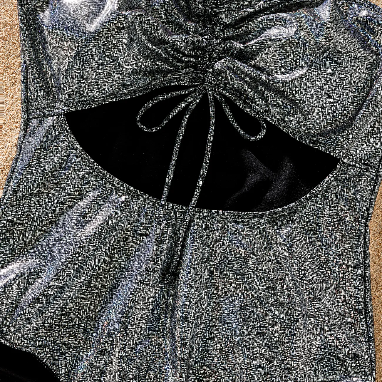 Family Matching Drawstring Swim Trunks or Cut Out Metallic Drawstring Front Strap Swimsuit Black big image 1