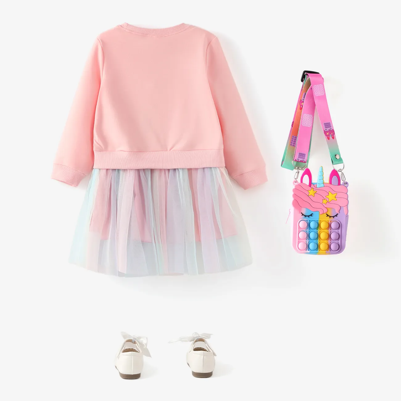Toddler Girl Sweet Faux-two Unicorn Print Mesh Splice Fairy Dress Pink big image 1