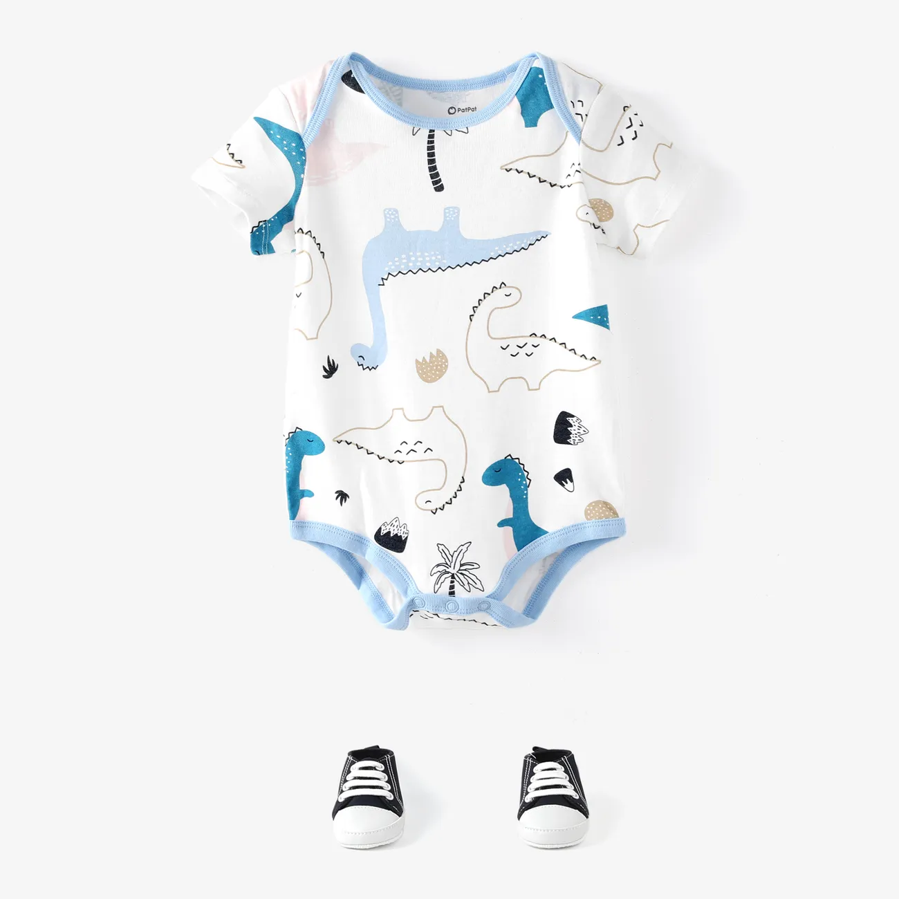 Pacote com 3 macacões de manga curta para bebê menina/menino com estampa de dinossauro/listras/cor lisa Azul big image 1