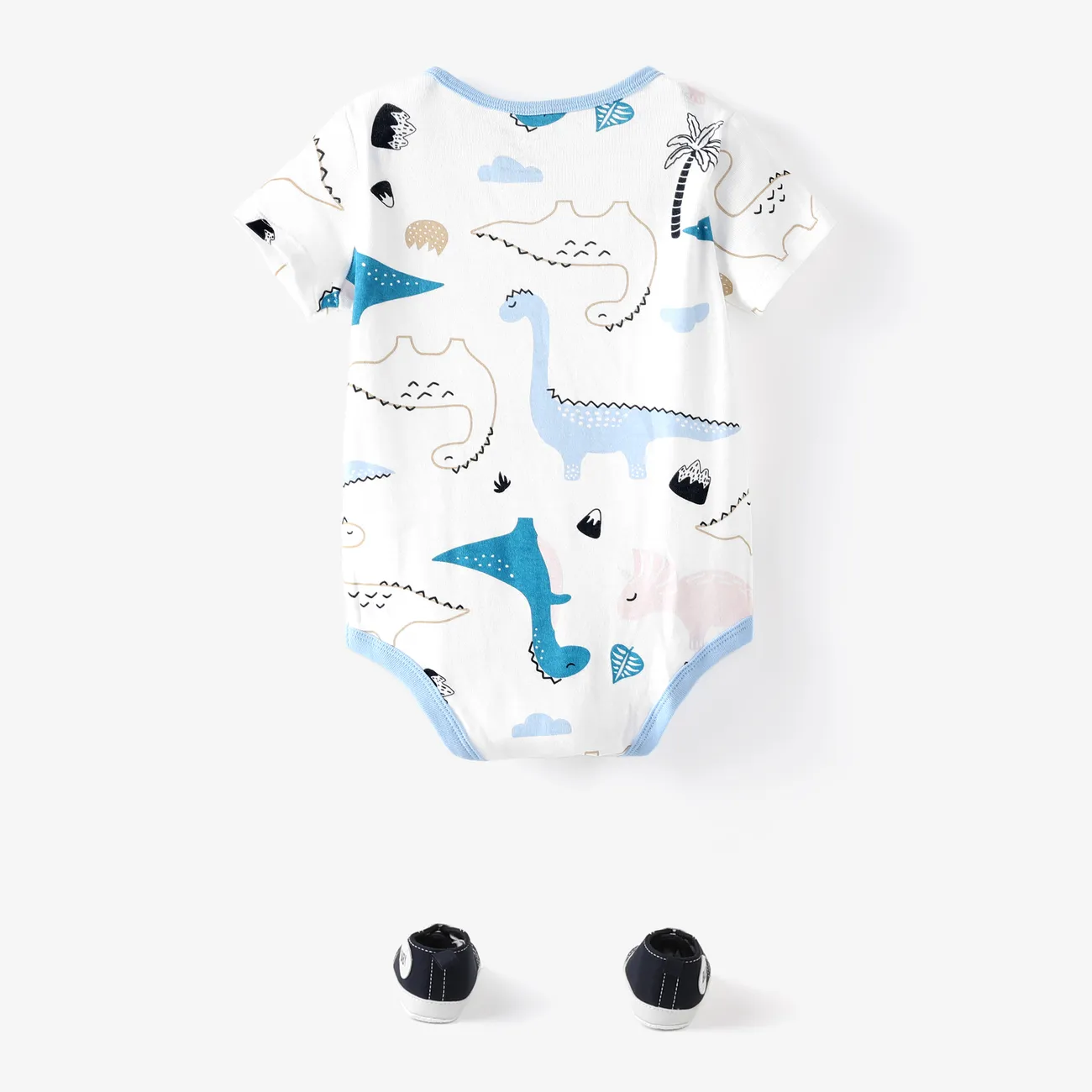 Pack de 3 mamelucos de manga corta para bebé niña/niño con estampado de dinosaurios/rayas/color liso Azul big image 1