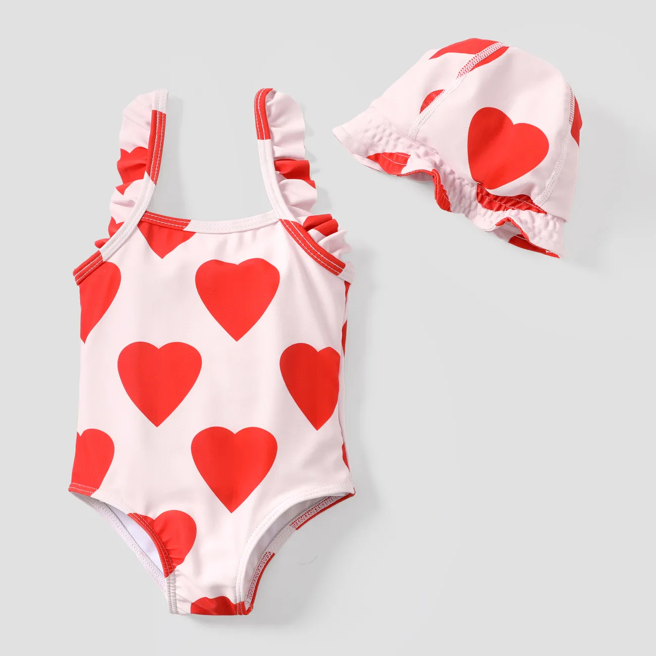 2pcs Baby/Toddler Sweet Heart-shaped Ruffled Swimsuits Set Red big image 1