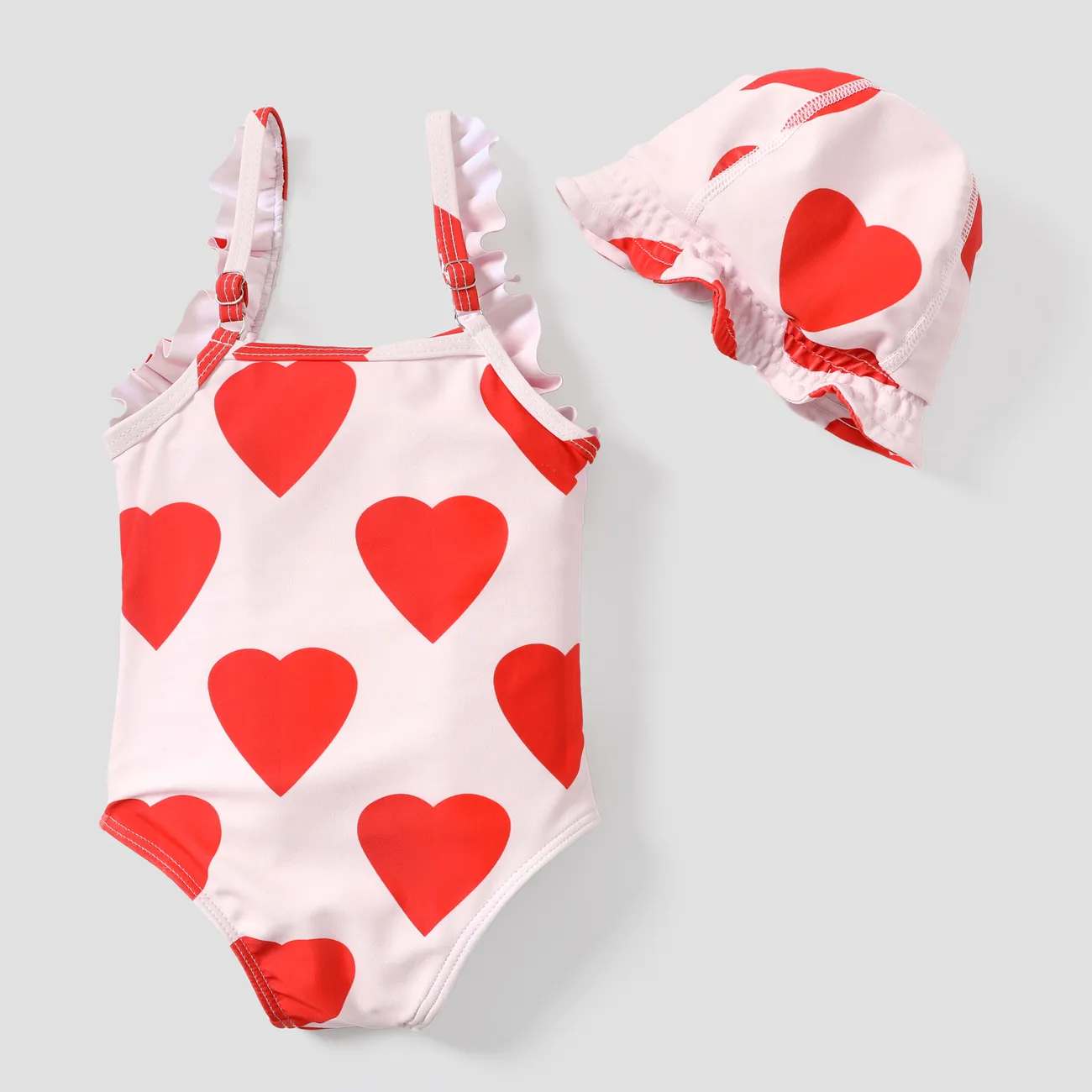 2件套嬰幼兒甜蜜心形荷葉邊泳衣套裝 紅色 big image 1