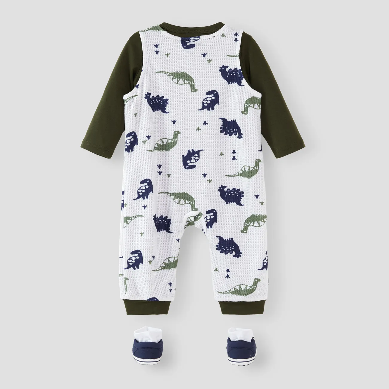 2pcs Baby Boy Allover Dinosaur Print Overalls and Solid Long-sleeve Tee Set blackishgreen big image 1
