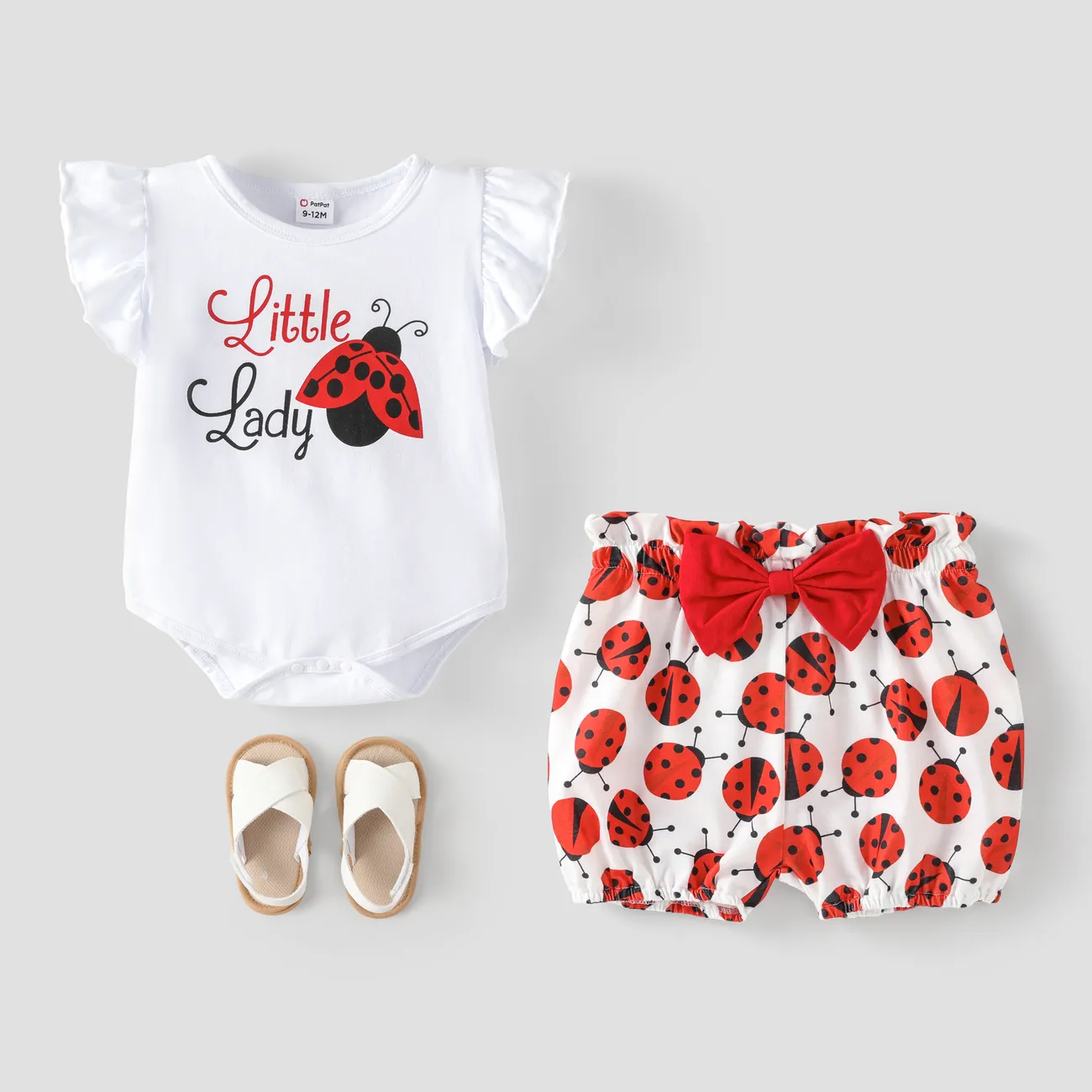 3pcs Baby Girl 95% Cotton Ruffle Sleeve Letter Print Romper and Ladybugs Print Shorts with Headband Set White big image 1