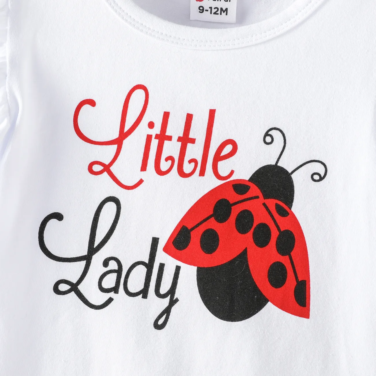 3pcs Baby Girl 95% Cotton Ruffle Sleeve Letter Print Romper and Ladybugs Print Shorts with Headband Set White big image 1
