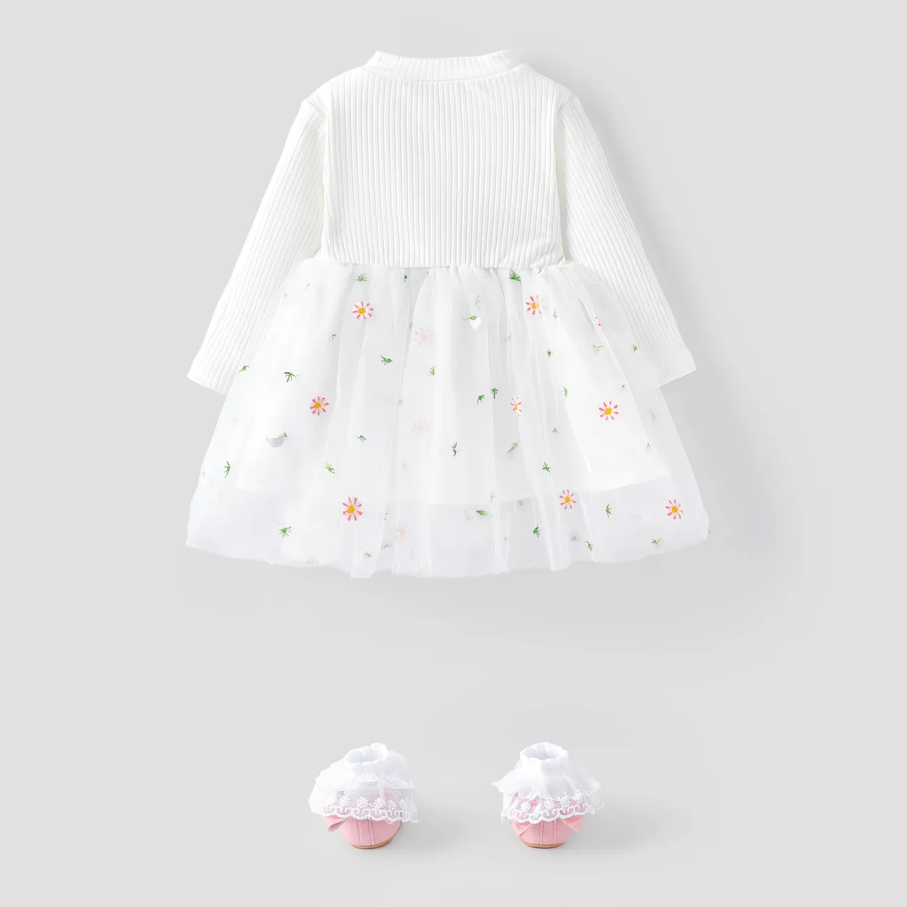 Baby Girl White Ribbed Long-sleeve Splicing Floral Embroidered Mesh Fairy Dress White big image 1