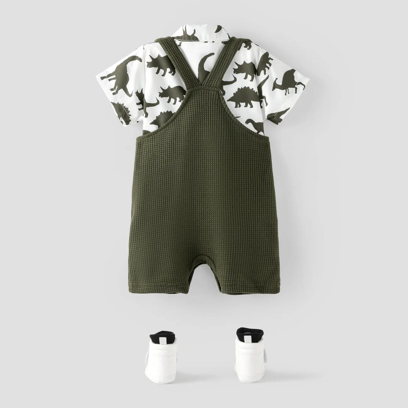 2pcs Baby Boy All Over Dinosaur Print Short-sleeve Shirt and Overalls Shorts Set Dark Green big image 1