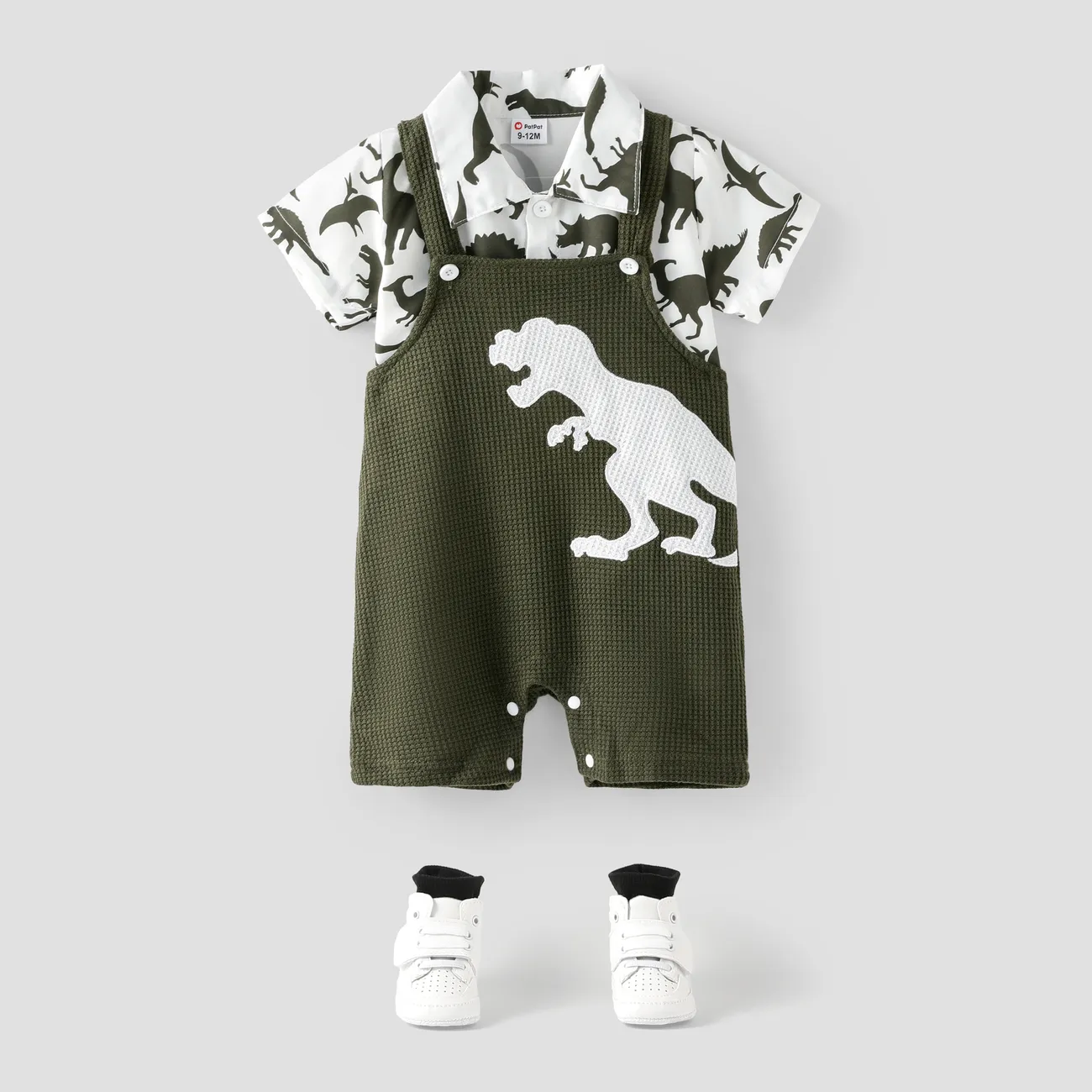 2pcs Baby Boy All Over Dinosaur Print Short-sleeve Shirt and Overalls Shorts Set Dark Green big image 1