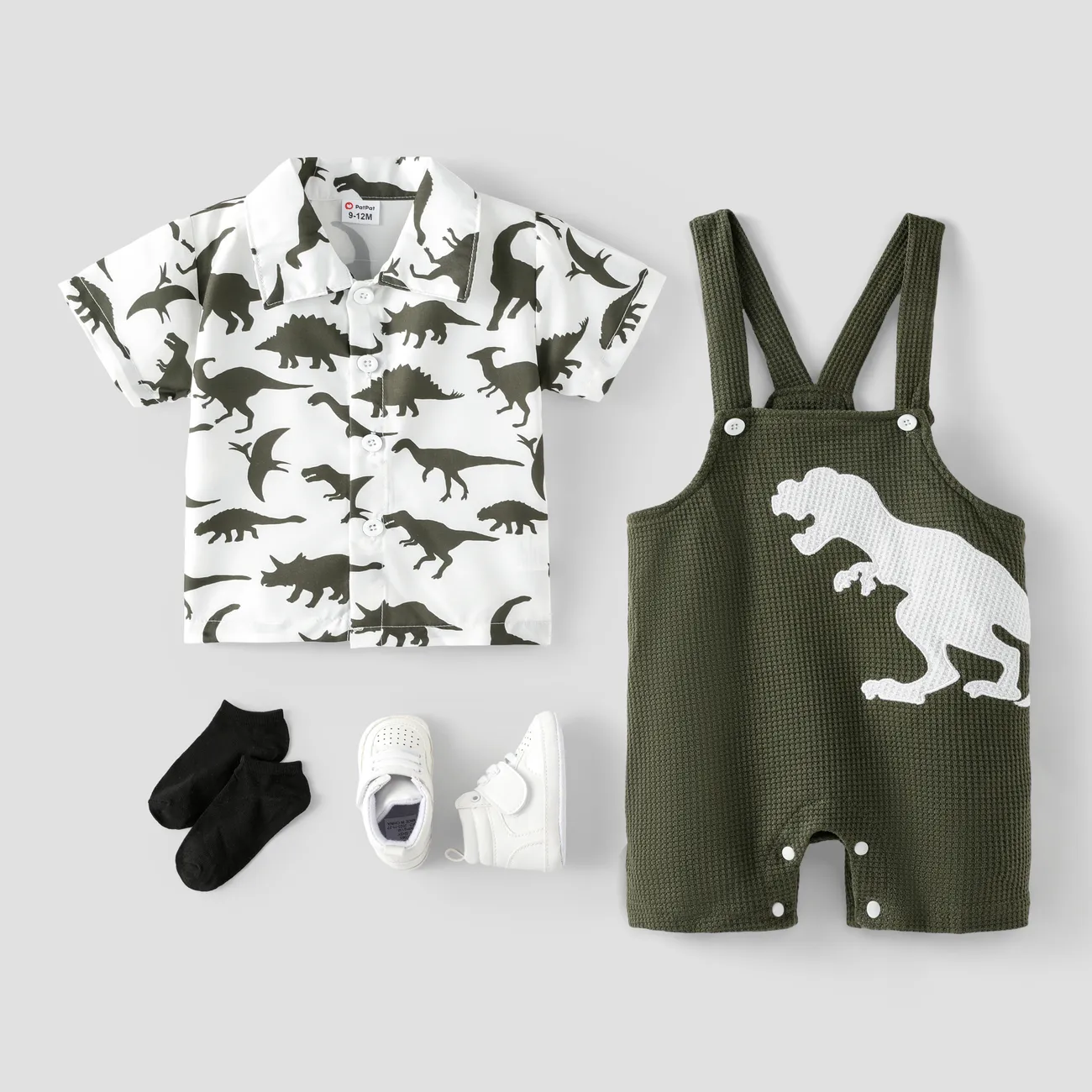 طقم من قطعتين من قميص بأكمام قصيرة وطبعة ديناصور للأطفال الصغار مع شورت وزرة أخضر غامق big image 1