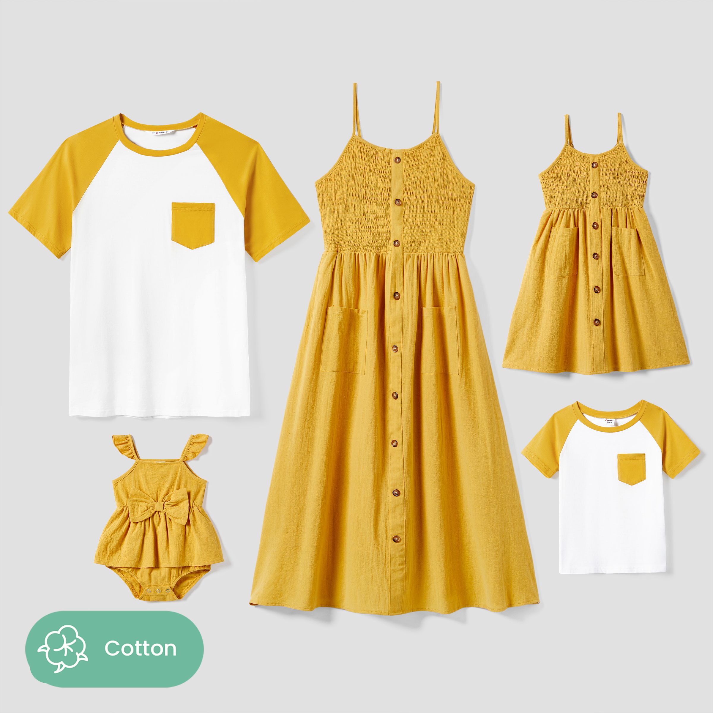 Family Matching Raglan Sleeves T-shirt Or Shirred Strap Dress With Button & Pocket Sets