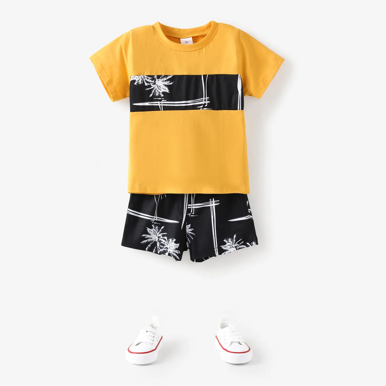 2pcs Toddler Trendy Boy Floral Tree Print Tee and Shorts Set Yellow big image 1