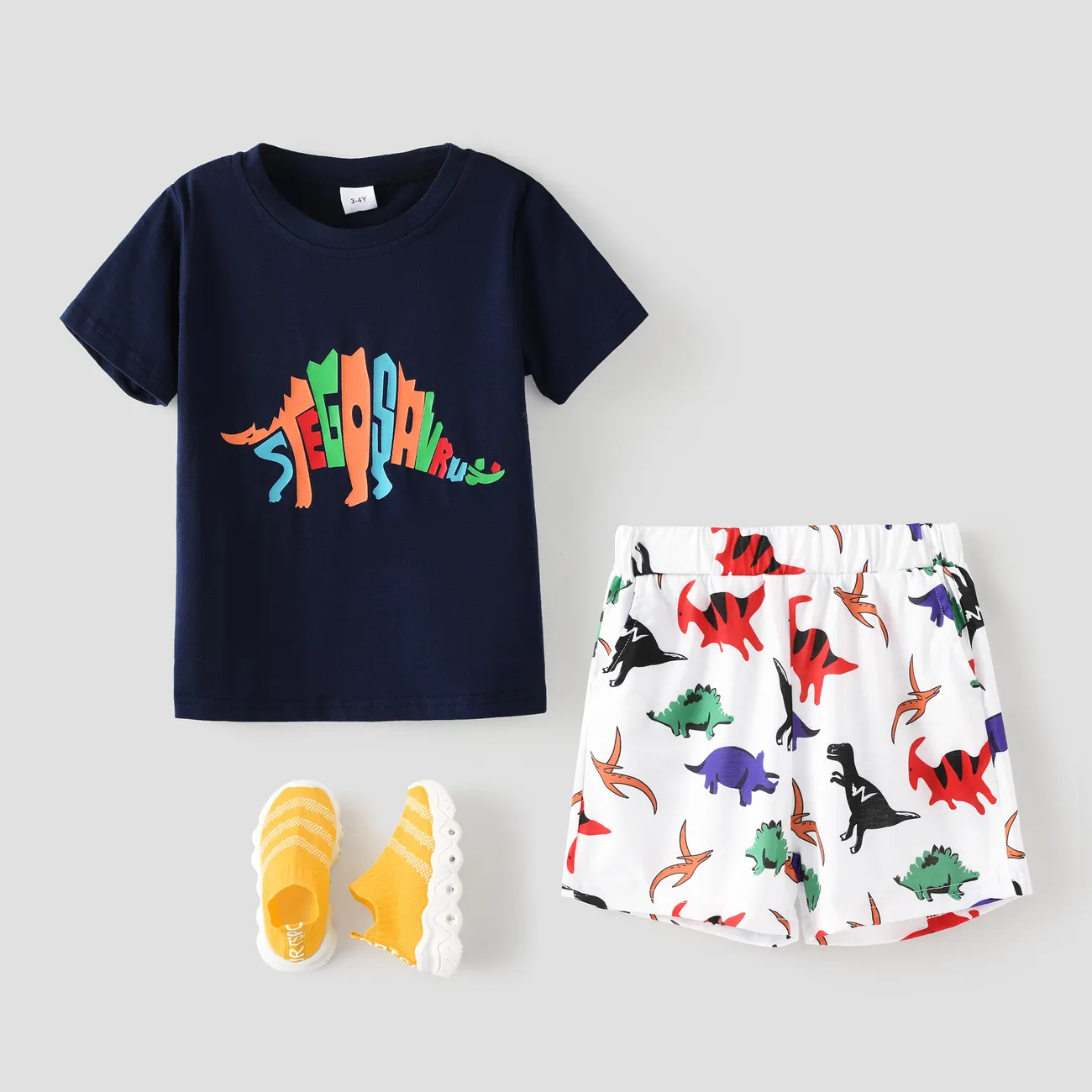 2pcs Toddler Boy Playful Dinosaur Print Short-sleeve Tee and Shorts Set Deep Blue big image 1