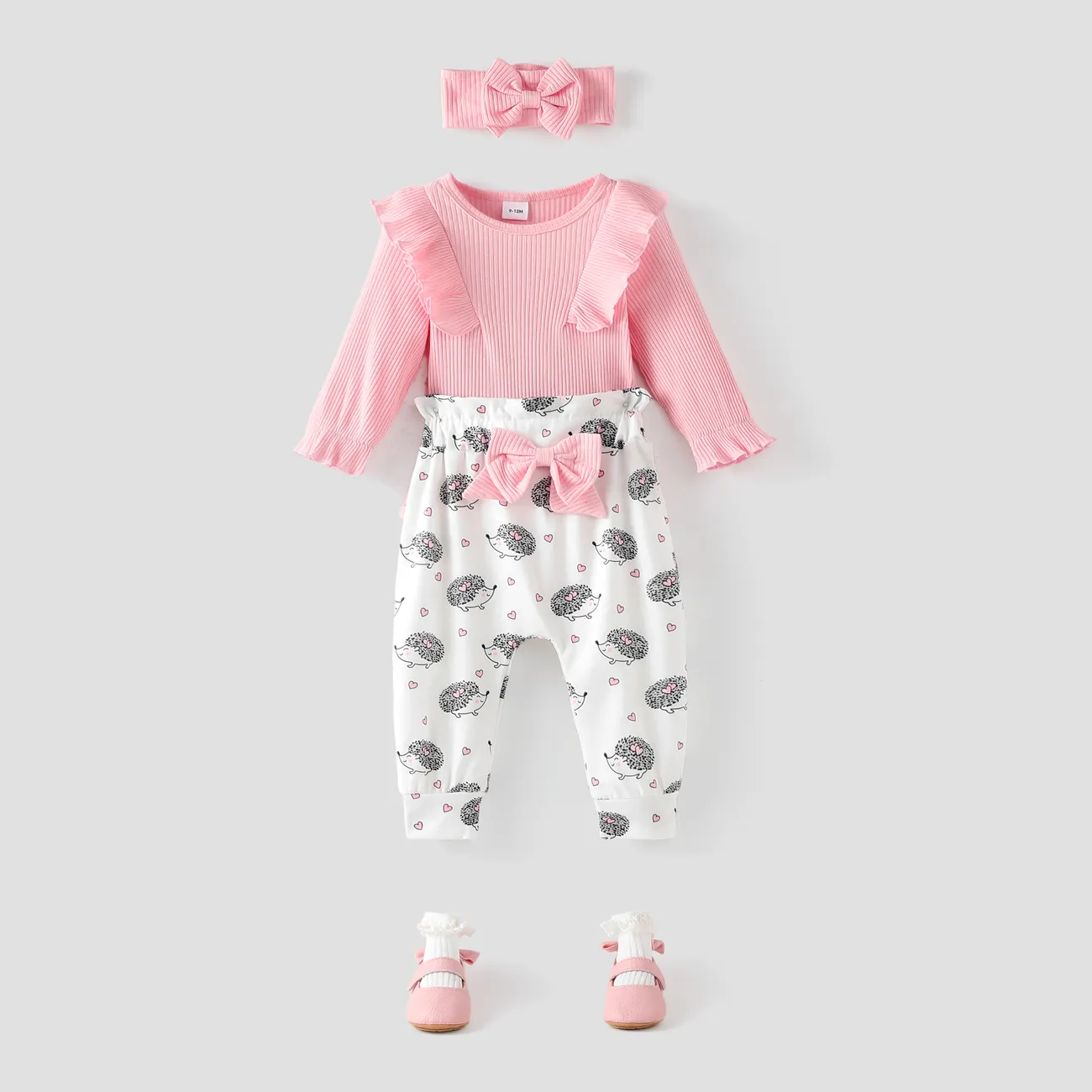 3pcs Baby Girl 95% Cotton Ribbed Ruffle Long-sleeve Romper and Hedgehog Print Trousers with Headband Set Pink big image 1