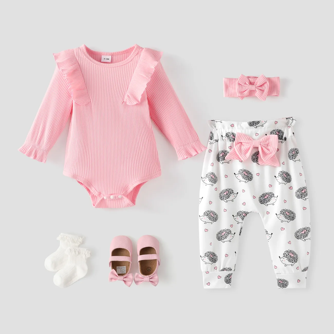 3pcs Baby Girl 95% Cotton Ribbed Ruffle Long-sleeve Romper and Hedgehog Print Trousers with Headband Set Pink big image 1