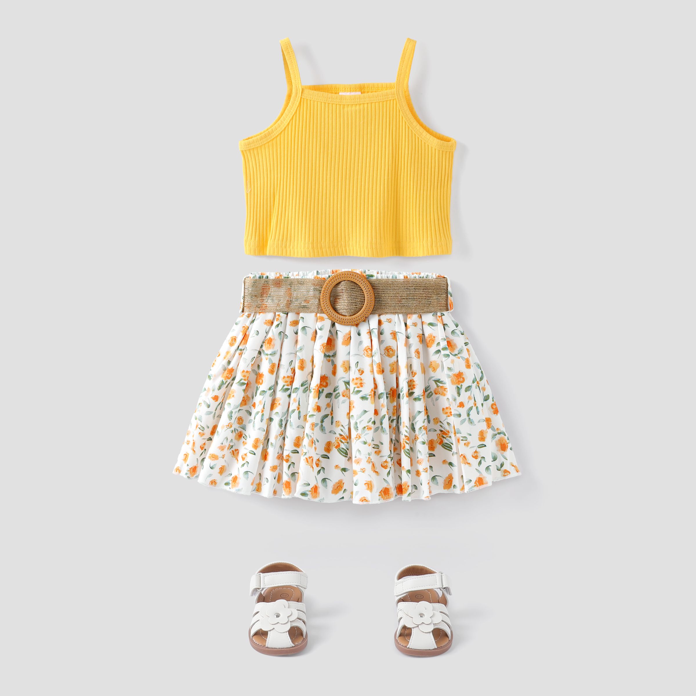 Toddler Girl 3pcs Crop Camisole And Floral Print Pleated Skirt & Belt Set/ Sandals
