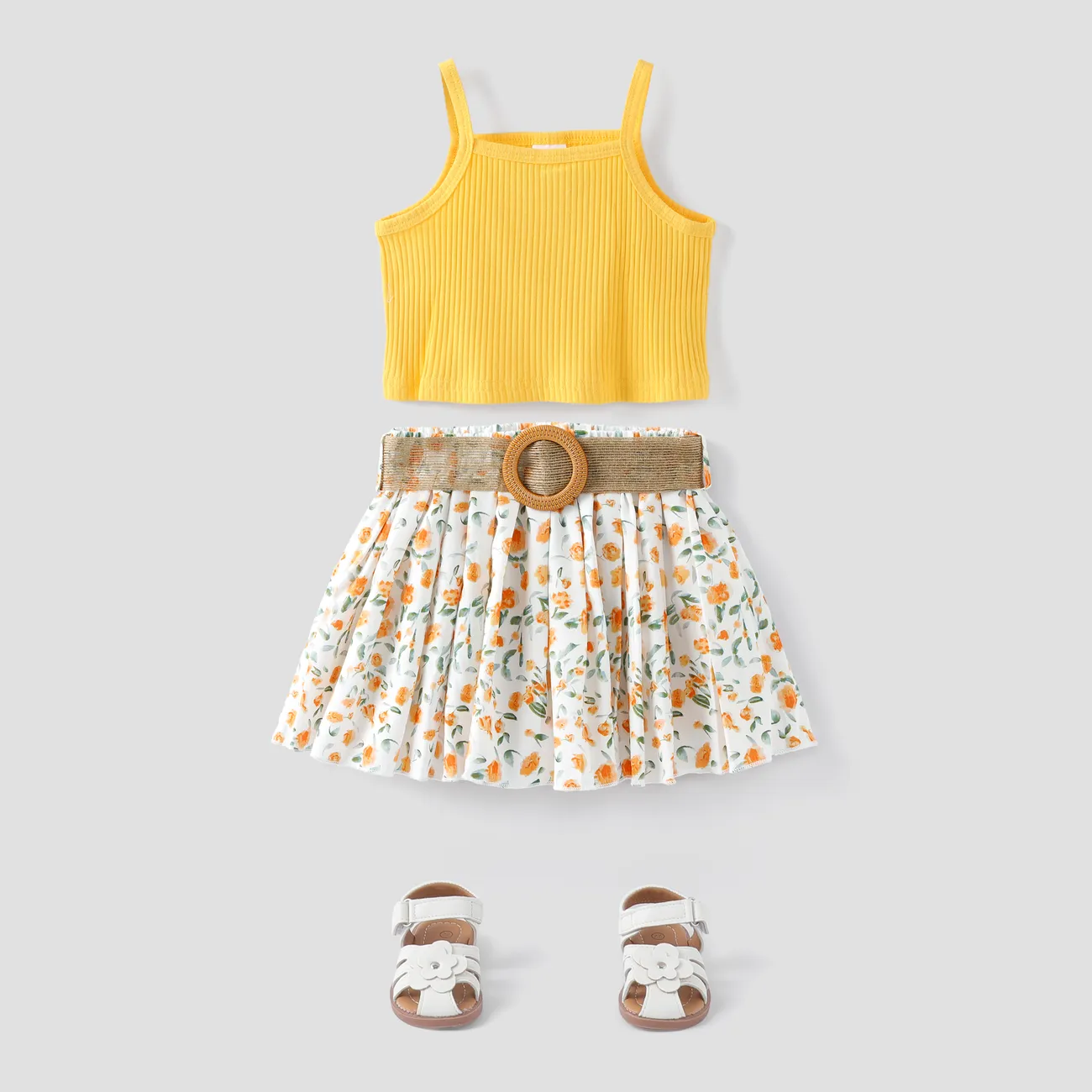 3pcs Toddler Girl Sweet Ribbed Crop Camisole and Floral Print Pleated Skirt & Belt Set Yellow big image 1