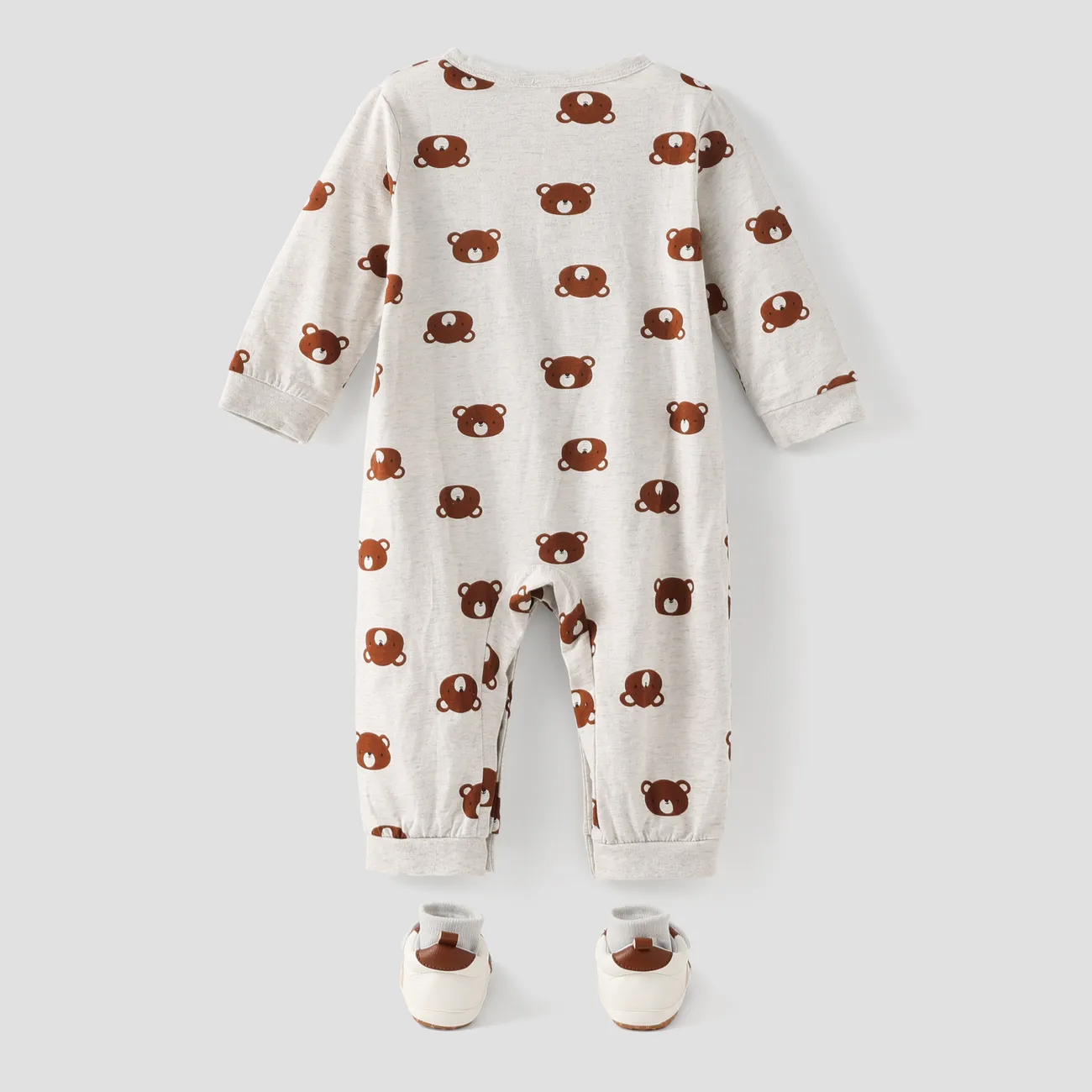 100% Cotton Bear Allover Long-sleeve Baby Jumpsuit Beige big image 1