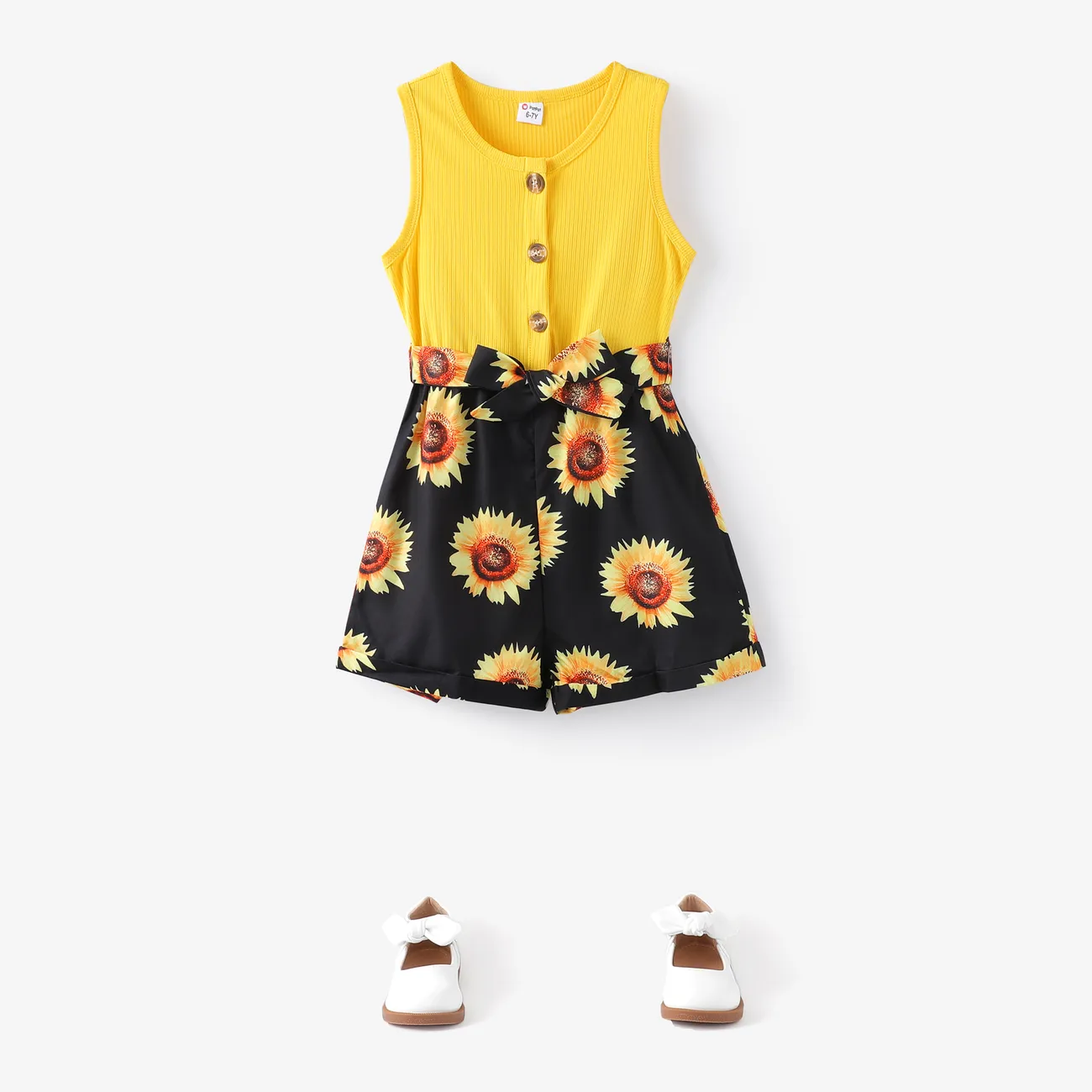 2pcs Kid Girl Ffloral Print Ribbed Splice Button Design Sleeveless Belted Rompers Yellow big image 1