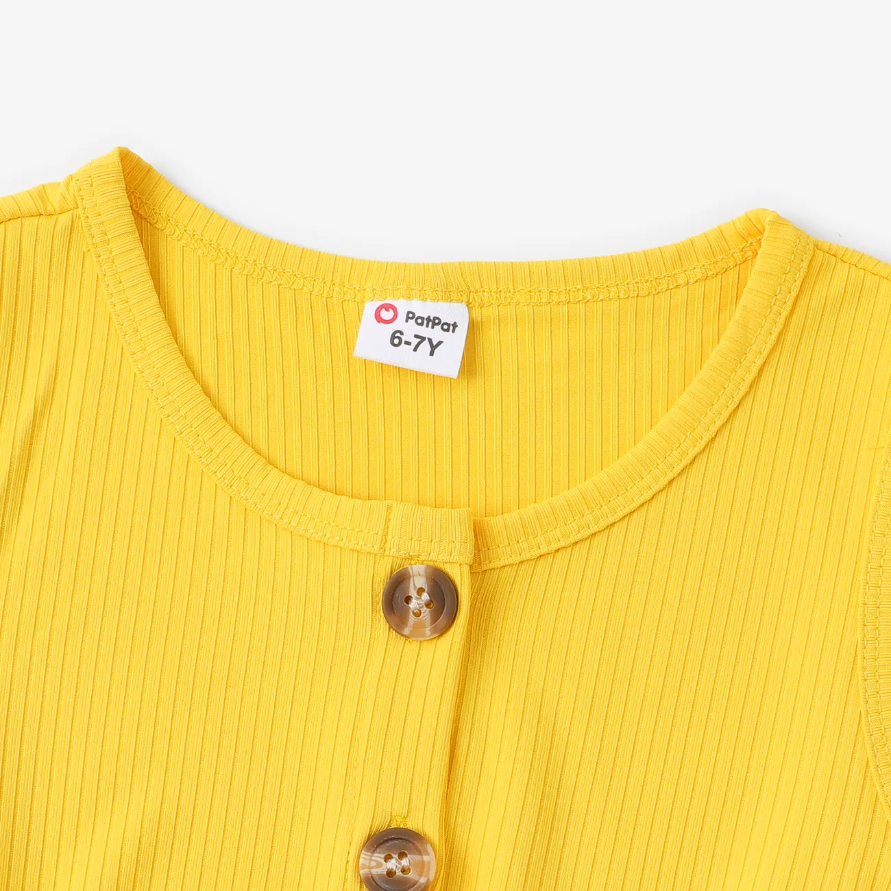 2 件兒童女孩花卉印花羅紋拼接鈕扣設計無袖束帶連身衣 黃色 big image 1