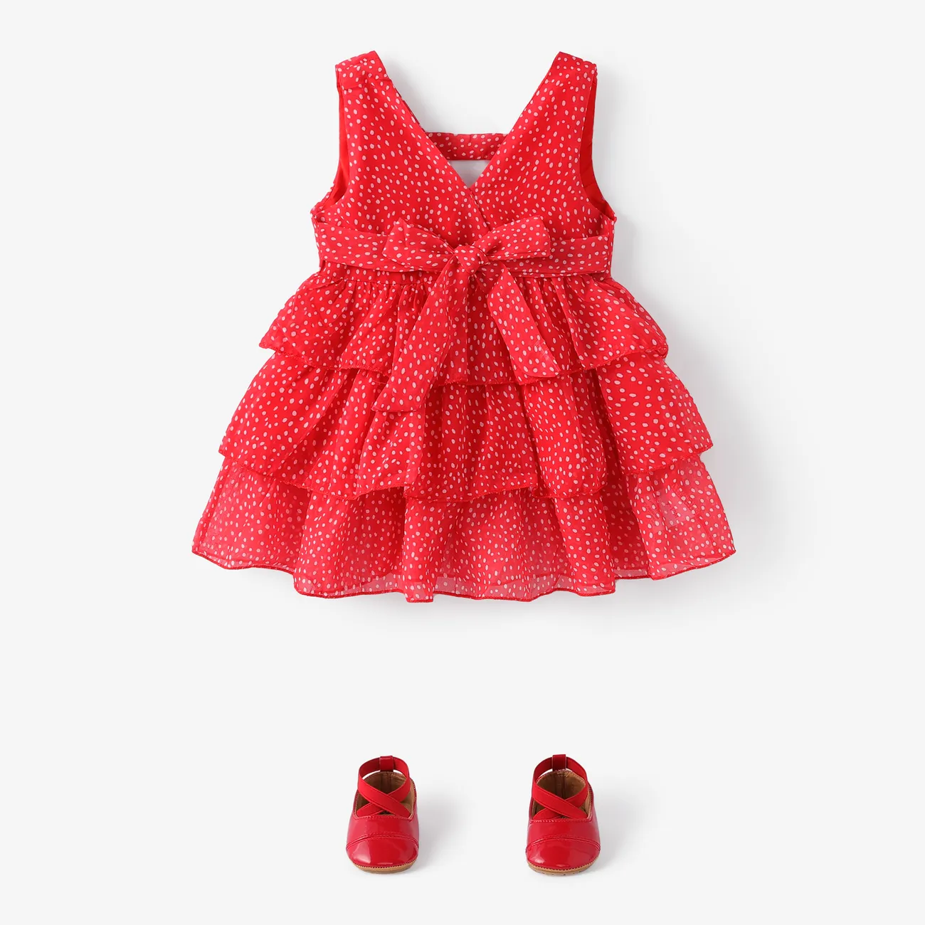 Dots or Floral Print Flounce Layered Sleeveless Baby Dress Red big image 1