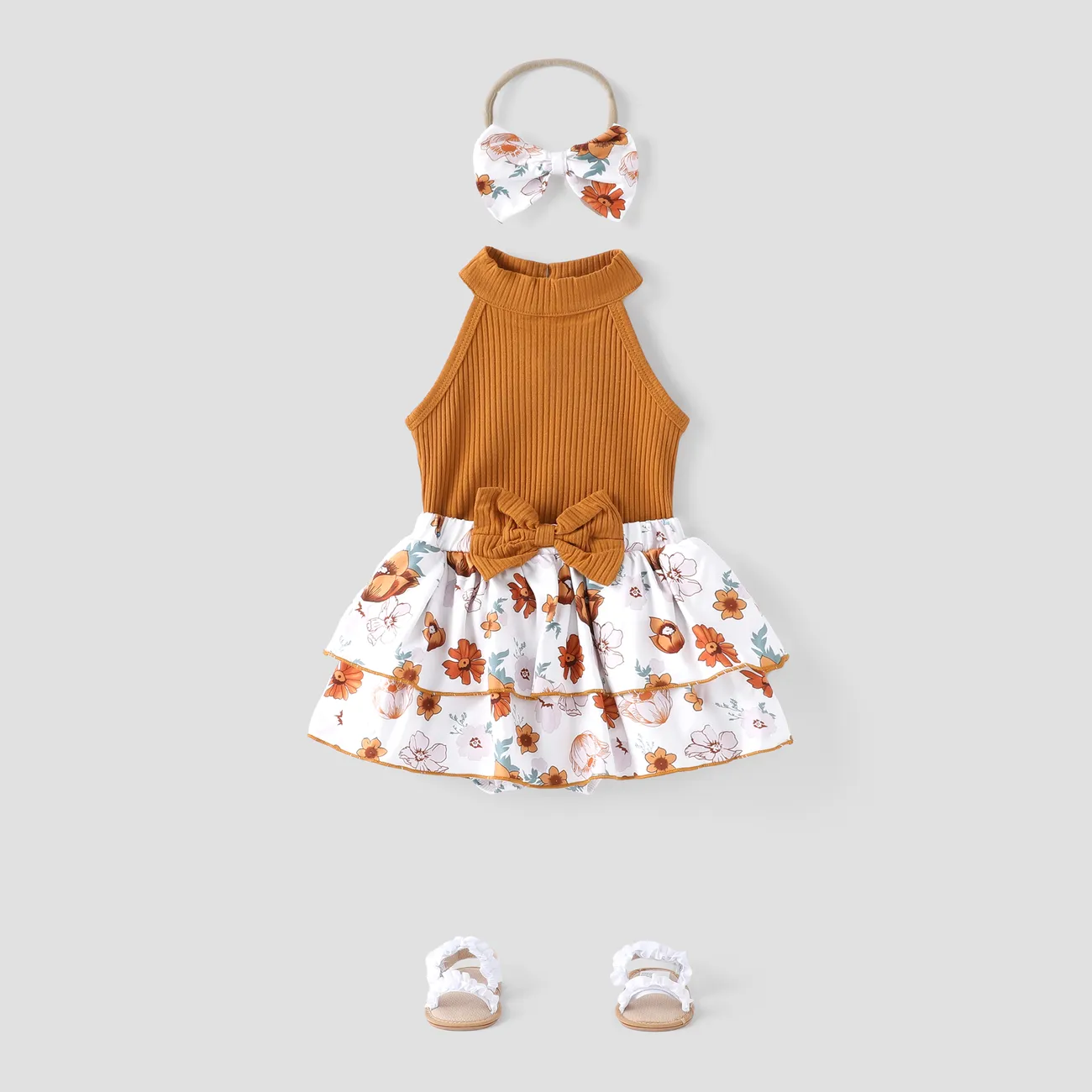 3pcs Baby Girl 95% Cotton Ribbed Sleeveless Crop Top and Floral Print Layered Ruffle Shorts & Headband Set Brown big image 1